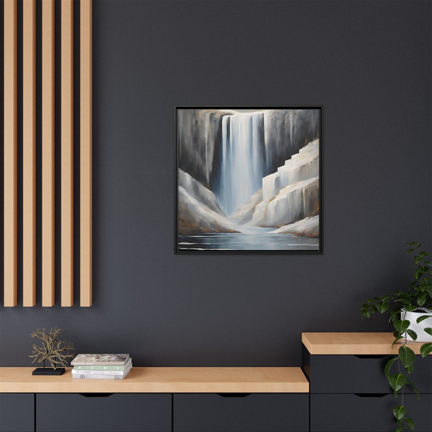 Modern Abstract Waterfall Design Unique Framed Canvas Wall Art Ocean Beach Gift Nature Lover Gift Mountain Landscape Gift 3 frame colors