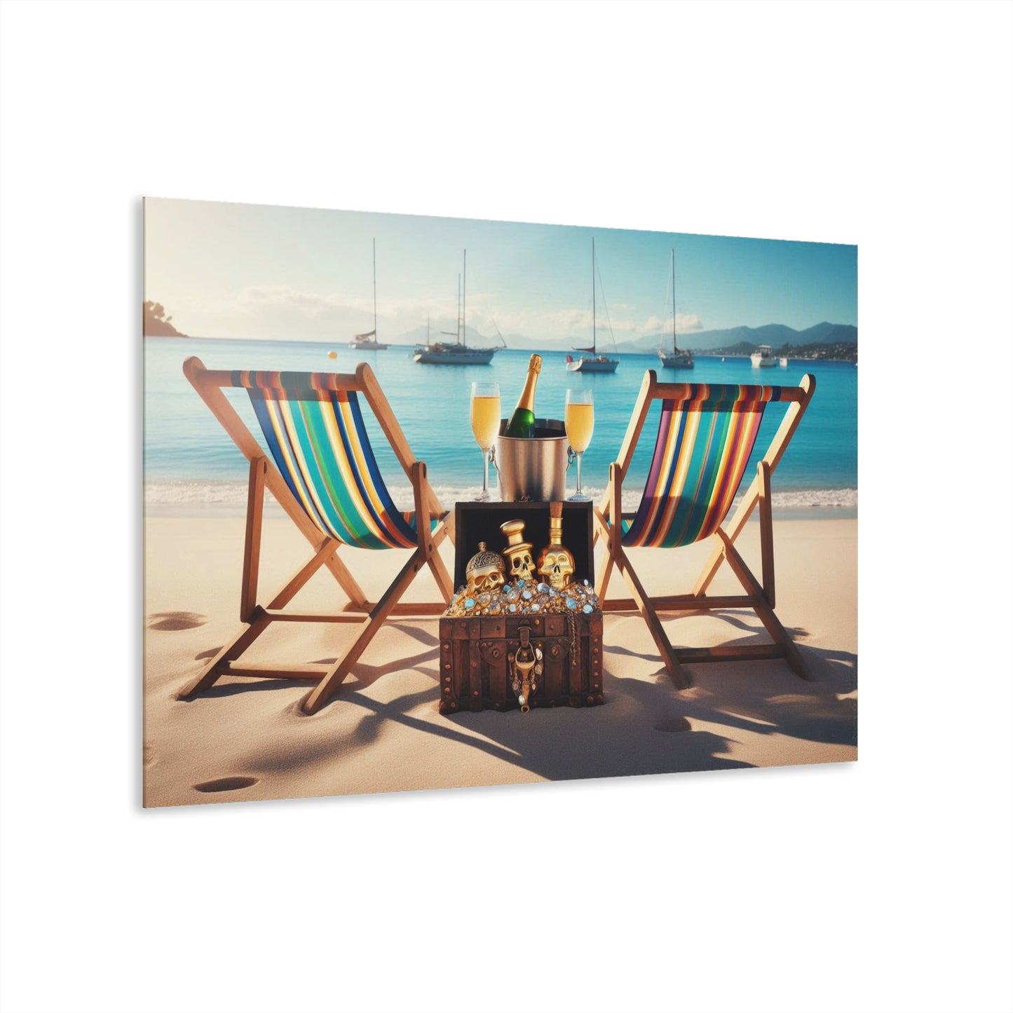 Chairs on the Beach with Pirate's Treasure Acrylic Print with Sailboats in the Ocean Lover Wall Art Beachy Gift Artwork Modern Home Decor