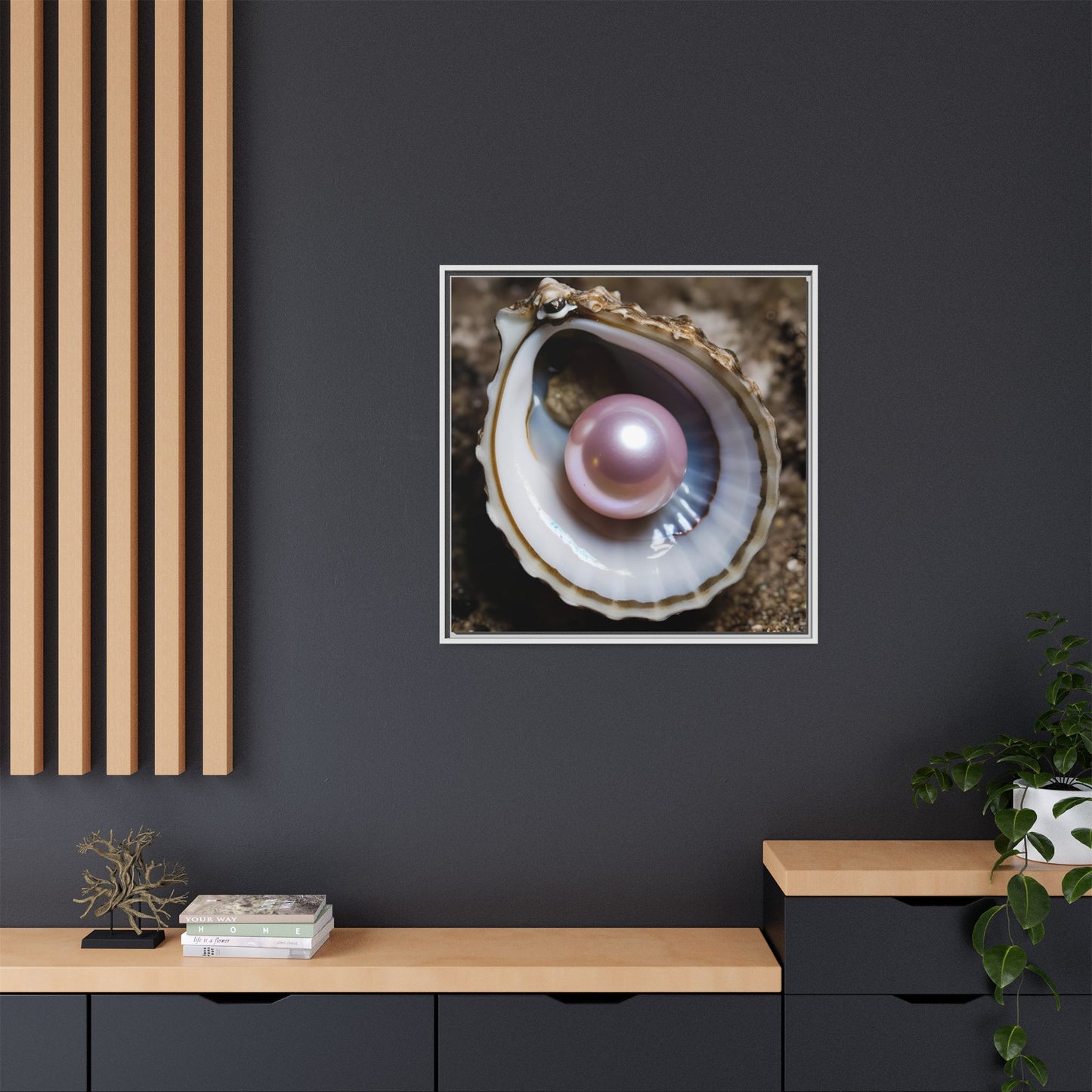 Pink Pearl in Oyster Shell Framed Canvas Wall Art Beach Lover Vacation Oceanic Gift Nature Lover Peaceful Zen Gift 3 frame colors