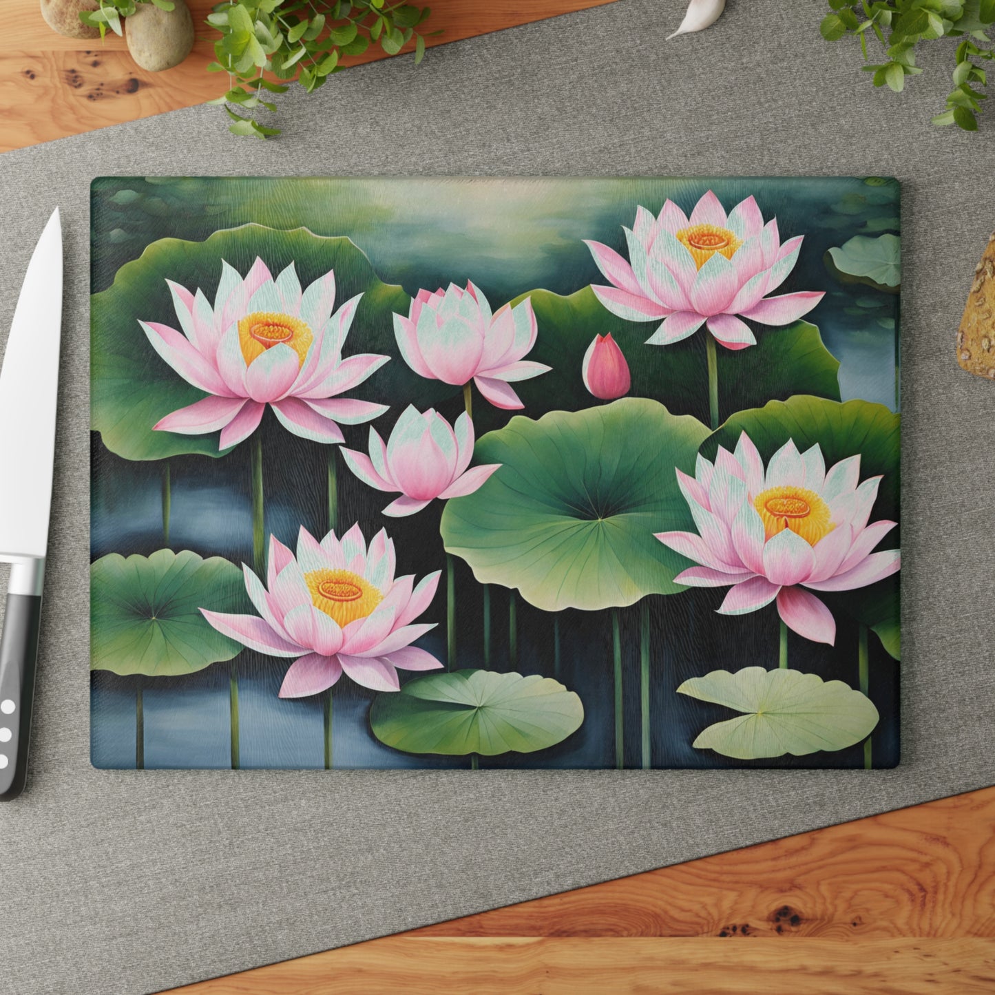 Kitchen Decor Glass Cutting Board Serving Tray with Lotus Blossom Design Cutting Board Gift for Home Cook Floral Charcuterie Board