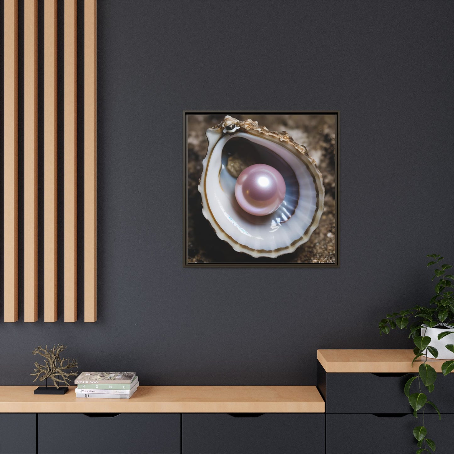 Pink Pearl in Oyster Shell Framed Canvas Wall Art Beach Lover Vacation Oceanic Gift Nature Lover Peaceful Zen Gift 3 frame colors