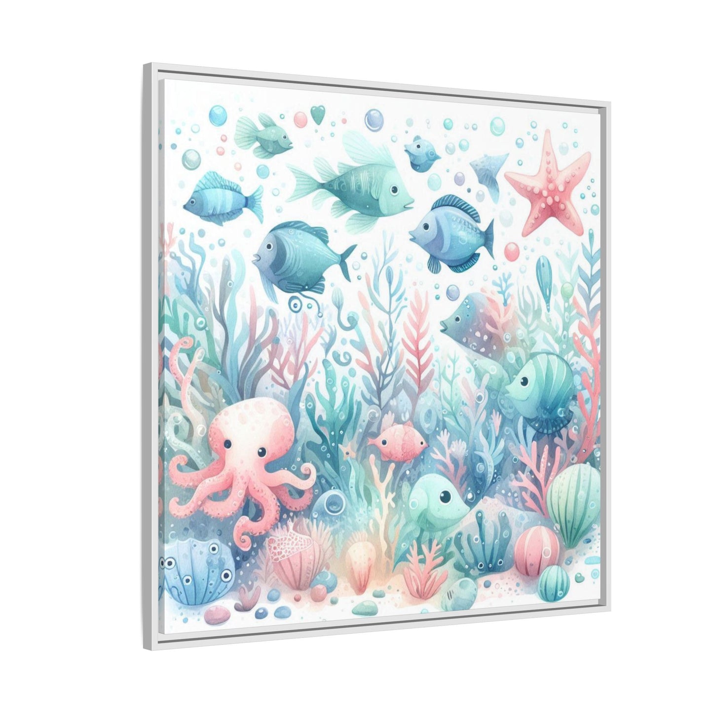 Whimsical Nursery Decor Pastel Underwater Design Unique Sweet Baby Room Framed Canvas Ocean Fish Print Unisex Baby Shower Octopus Gift