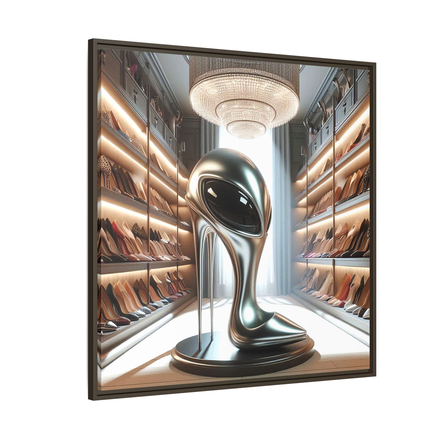 Alien High Heel Shoe Framed Canvas Print Wall Art Unique Fashion Designer Style Haute Couture Shoe Lover Fashionista Decor 3 Frame Colors