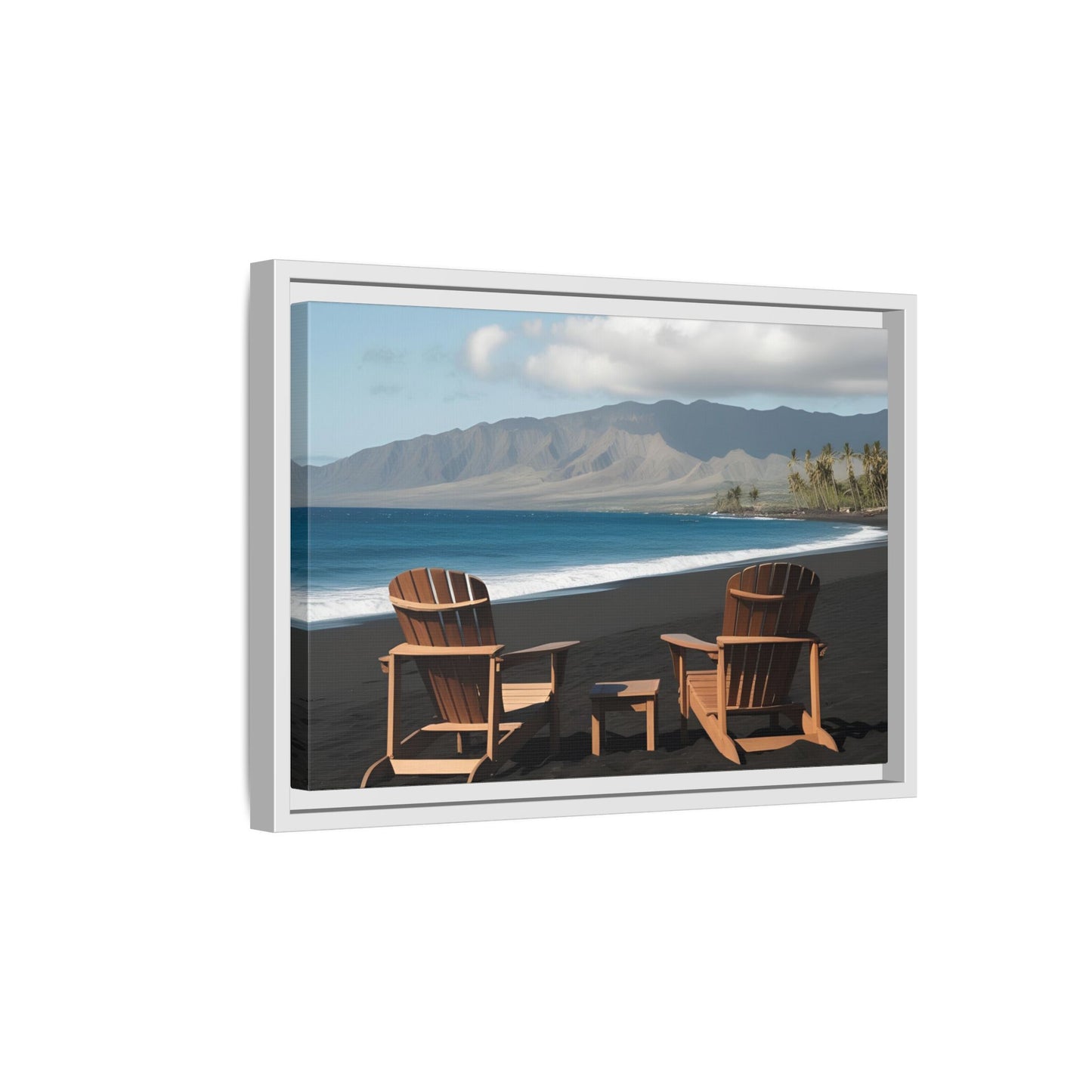 Chairs on the Maui Black Sand Beach Print Unique Framed Canvas Print Wall Art Gift Beachy Nature Lover Ocean Waves Decor 3 frame colors