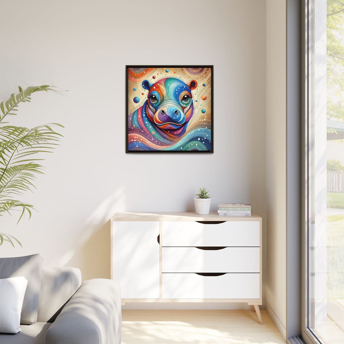 Modern Hippo Print Abstract Design Unique Framed Canvas Print Baby Hippo Wall Art Animal Lover Gift Nature Lover Decor 3 frame colors