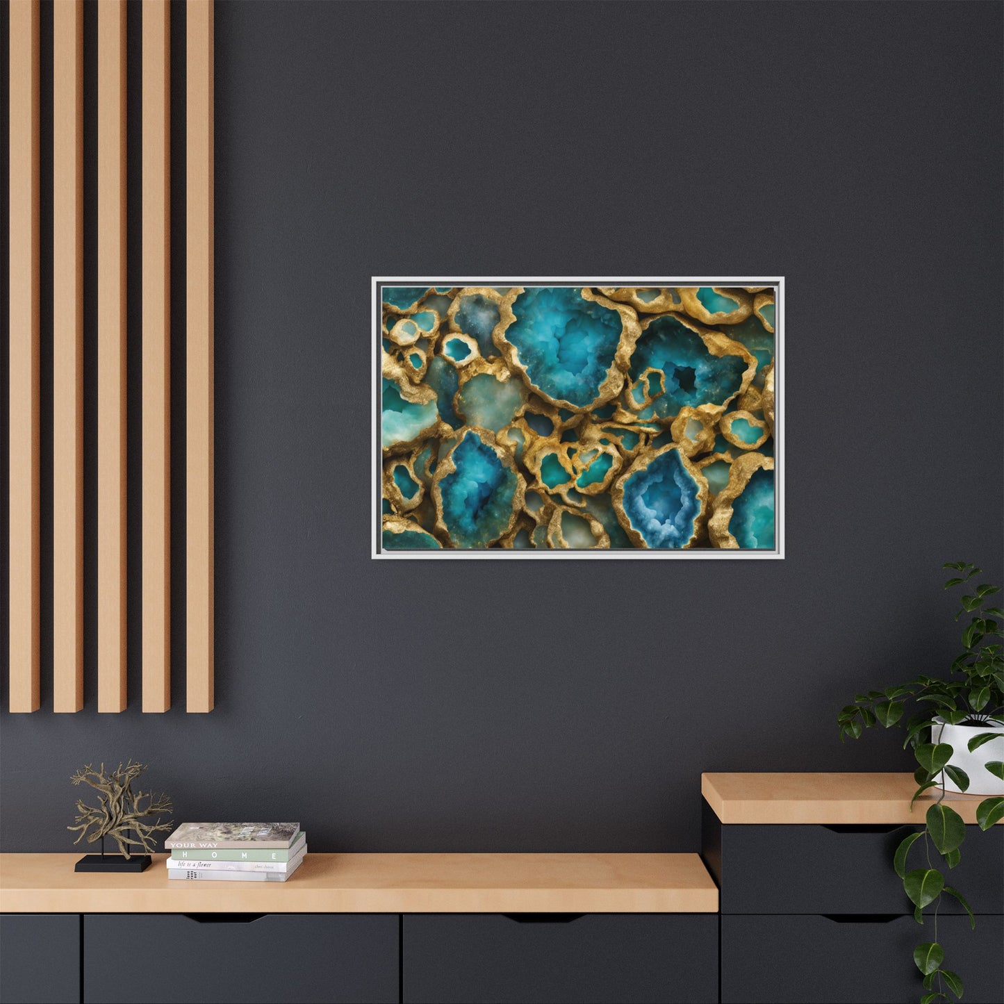 Blue, Green and Gold Quartz Crystal Geode Design Print Matte Canvas Wall Art Nature Lover Gift Geology Rock Lover Gift 3 frame color choices