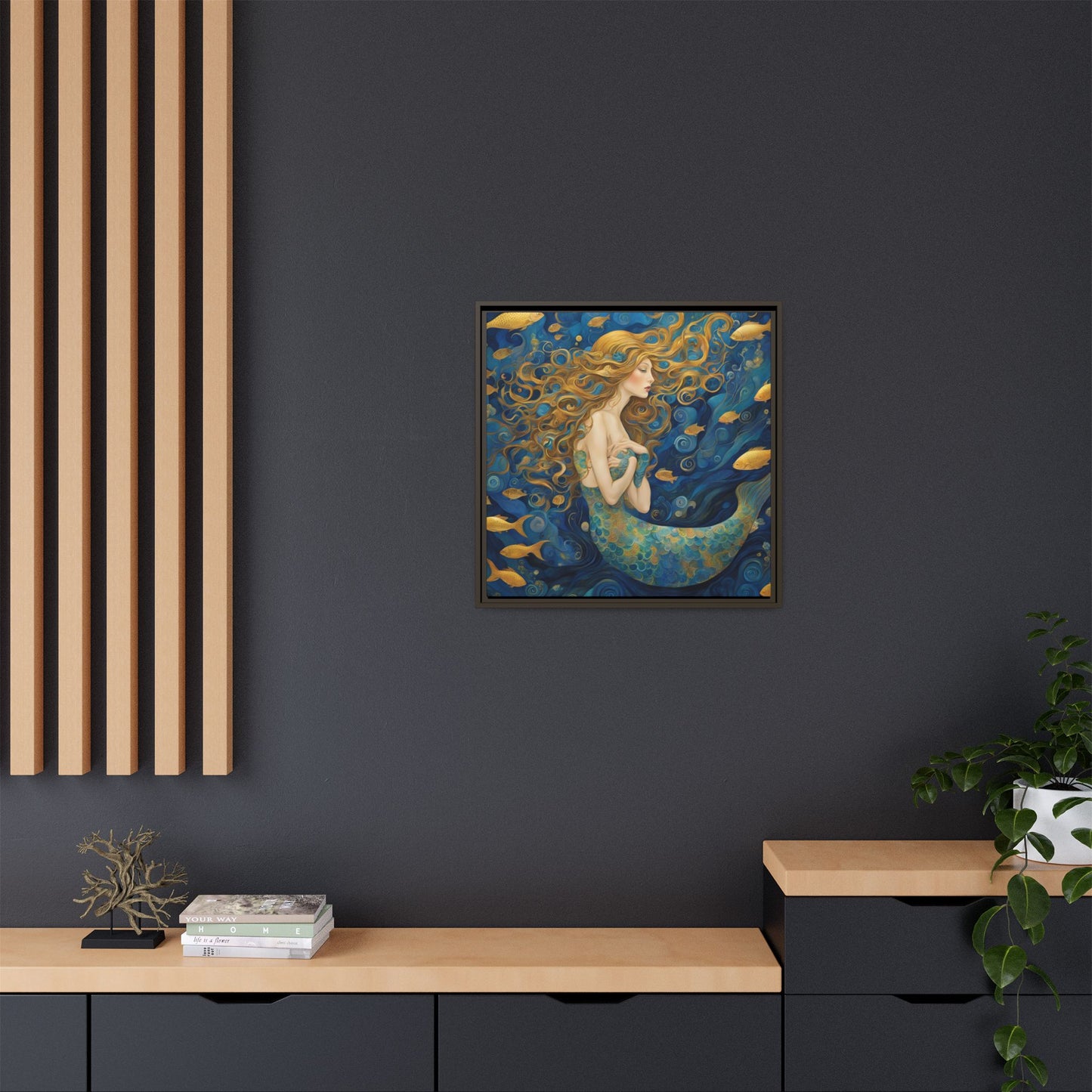 Modern Abstract Mermaid Design Unique Framed Canvas Oceanic Wall Art Underwater Gold Fish Anime Gift Nature Lover Gift 3 frame colors
