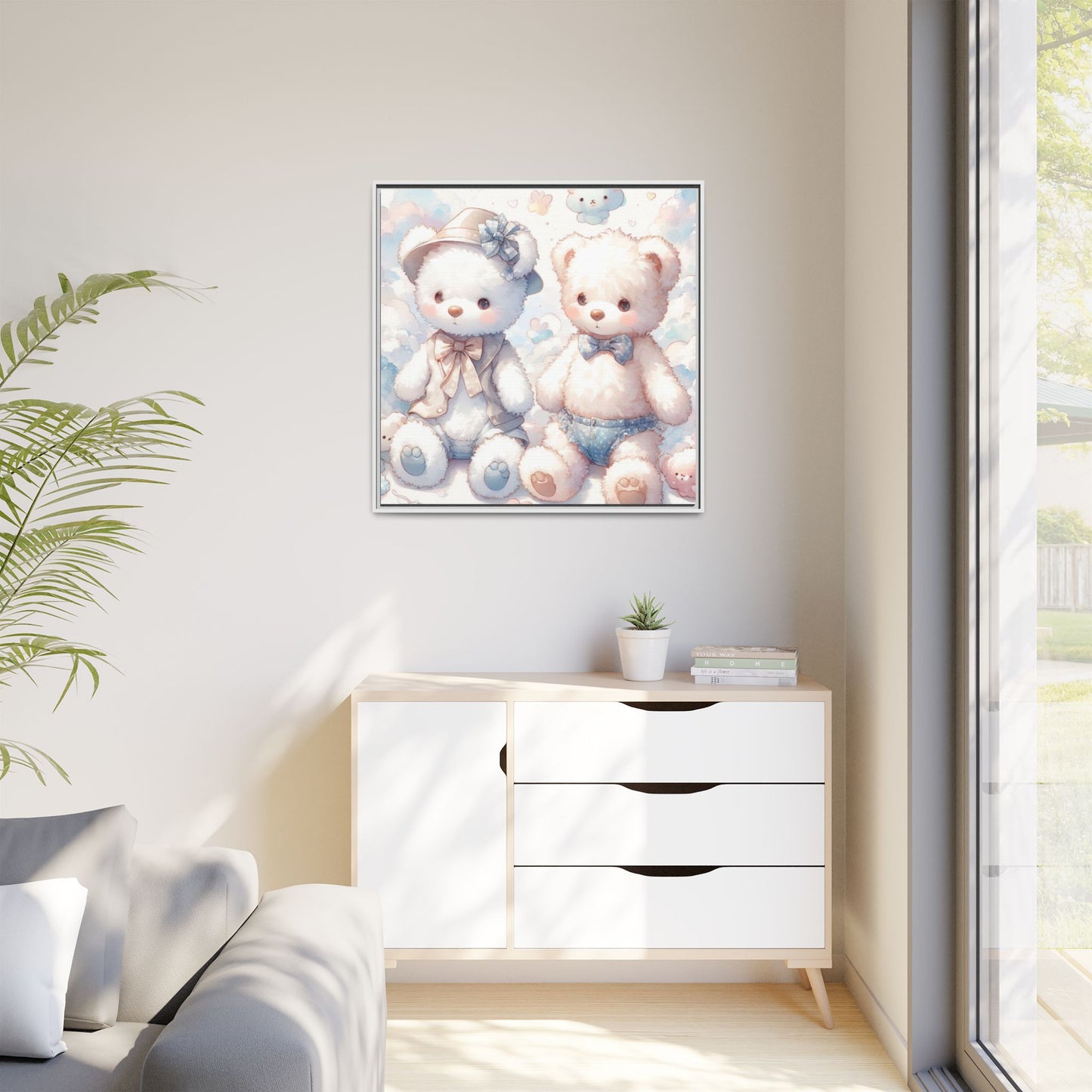 Whimsical Nursery Decor Pastel Floral Teddy Bear Design Wall Art Unique Sweet Baby Room Framed Canvas Print Unisex Baby Shower Gift