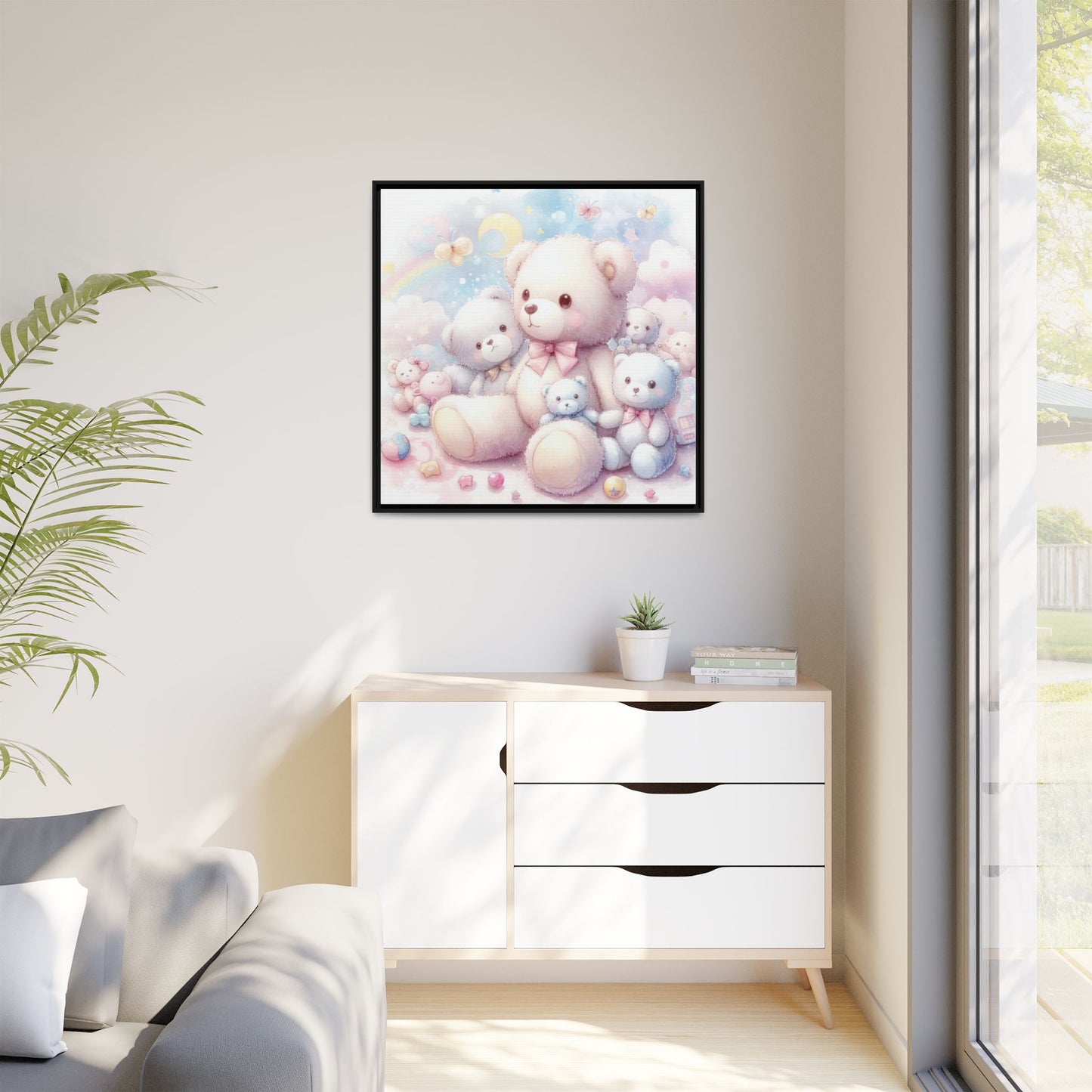 Whimsical Nursery Decor Pastel Floral Teddy Bear Design Wall Art Unique Sweet Baby Room Framed Canvas Print Unisex Baby Shower Gift