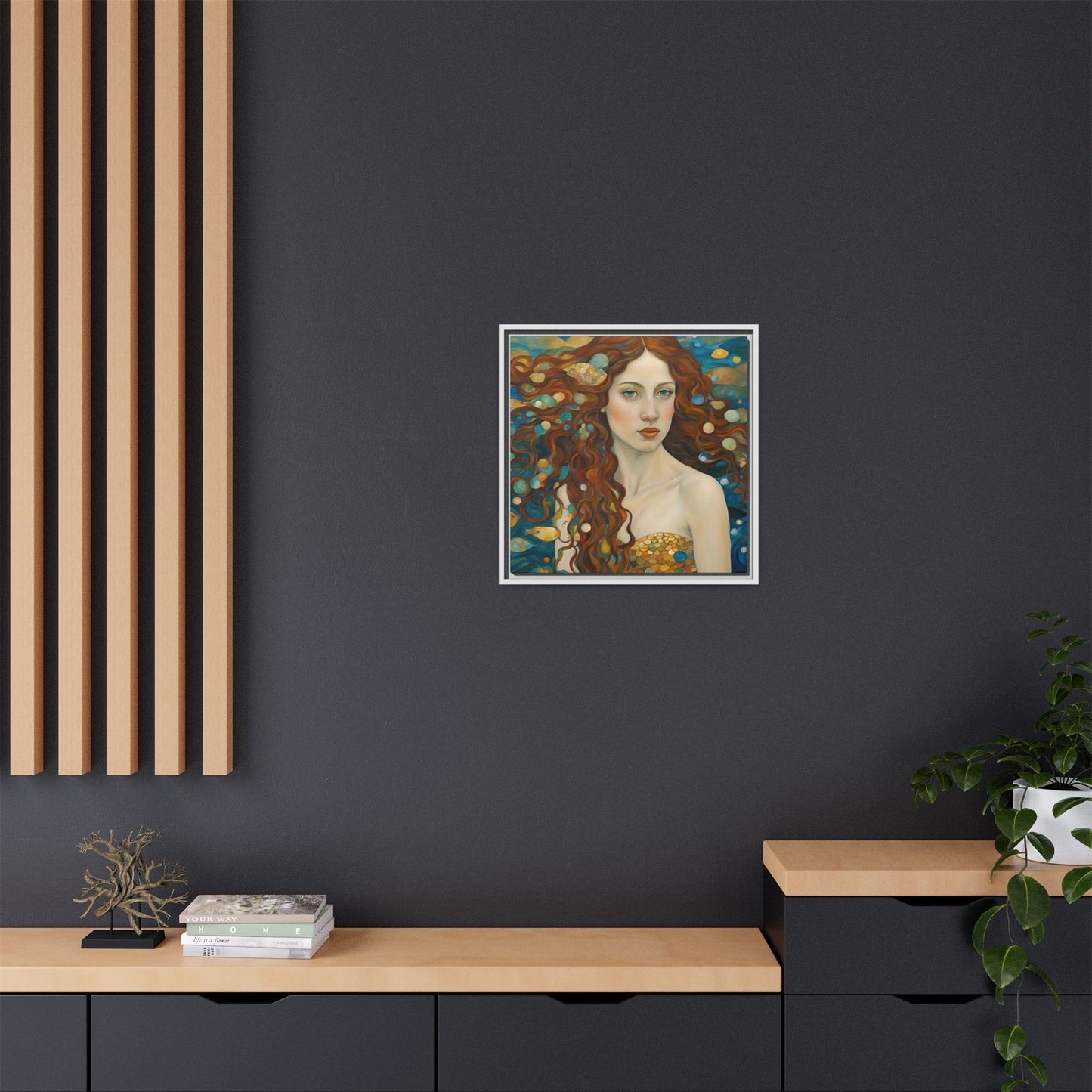 Modern Abstract Mermaid Design Unique Framed Canvas Oceanic Wall Art Underwater Gold Fish Anime Gift Nature Lover Gift 3 frame colors