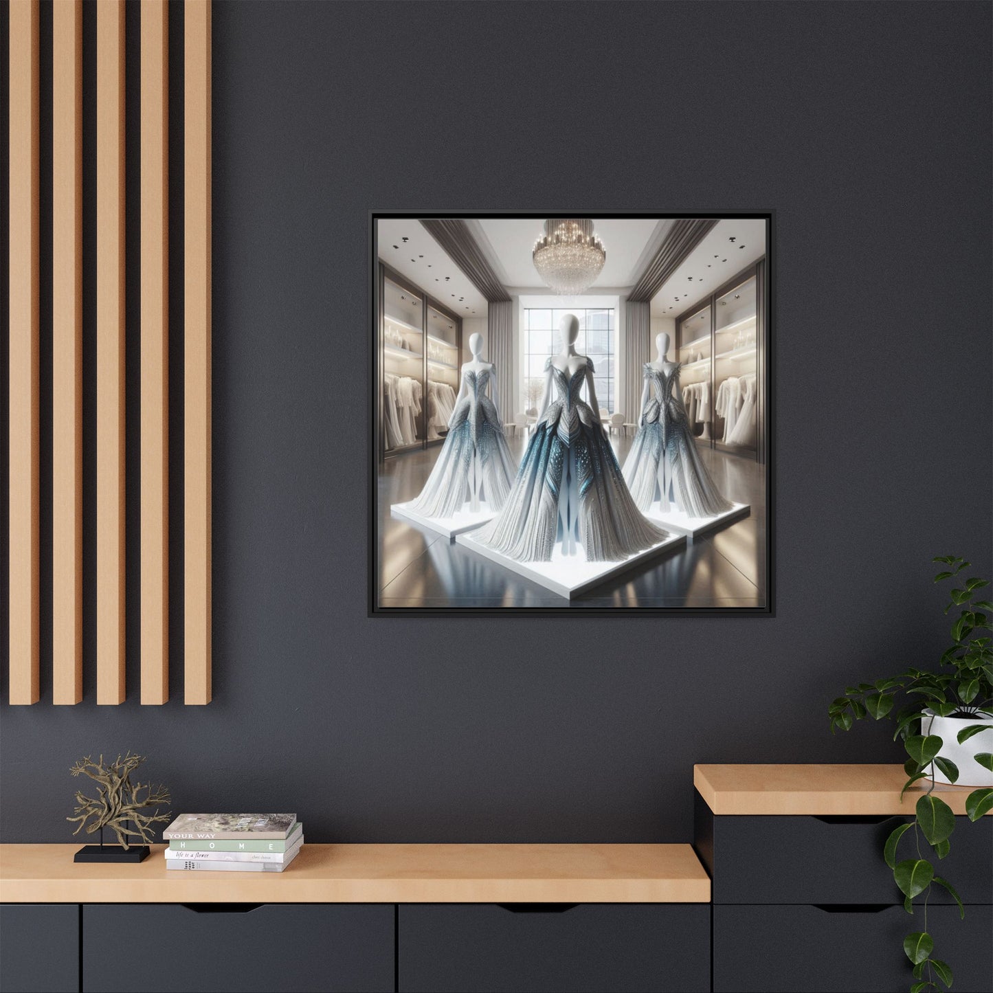 Futuristic Bodycon Runway Dress Framed Canvas Print Wall Art Unique Fashion Designer Style Haute Couture Fashionista Gift 3 Frame Colors