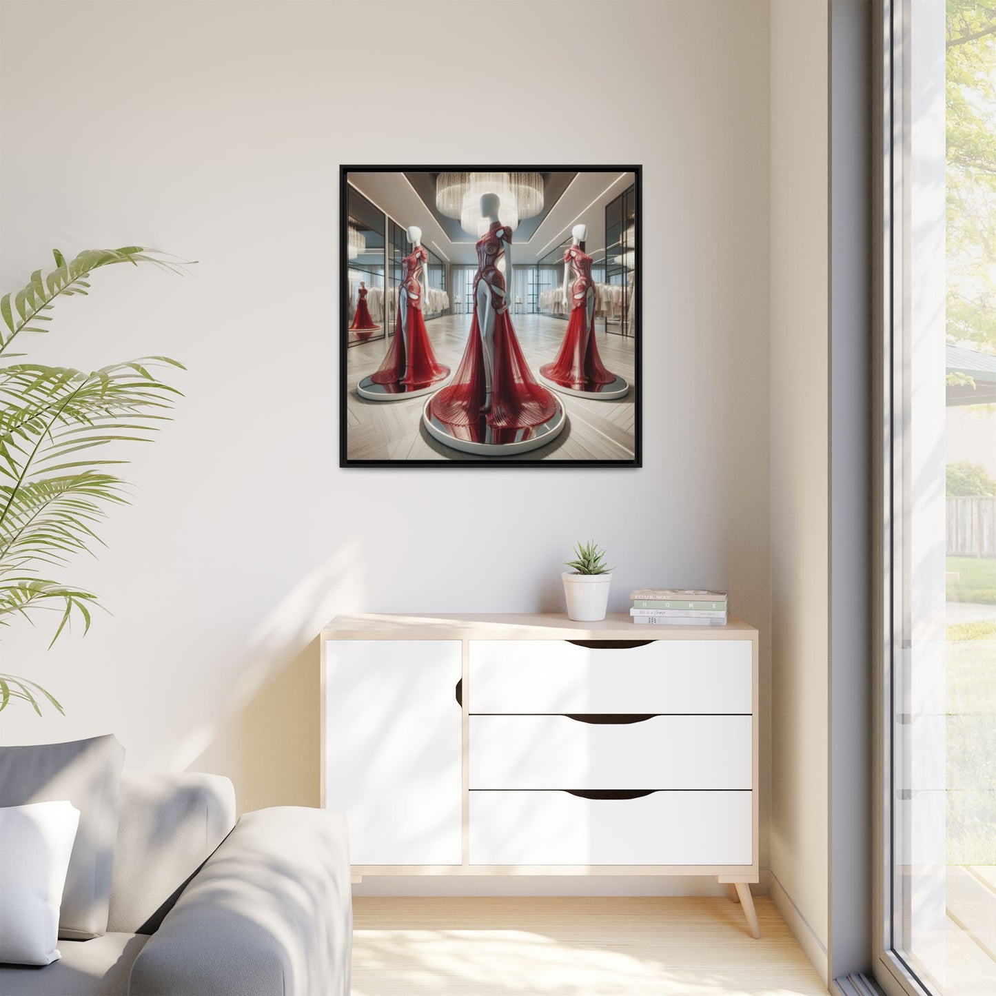 Futuristic Bodycon Runway Dress Framed Canvas Print Wall Art Unique Fashion Designer Style Haute Couture Fashionista Gift 3 Frame Colors