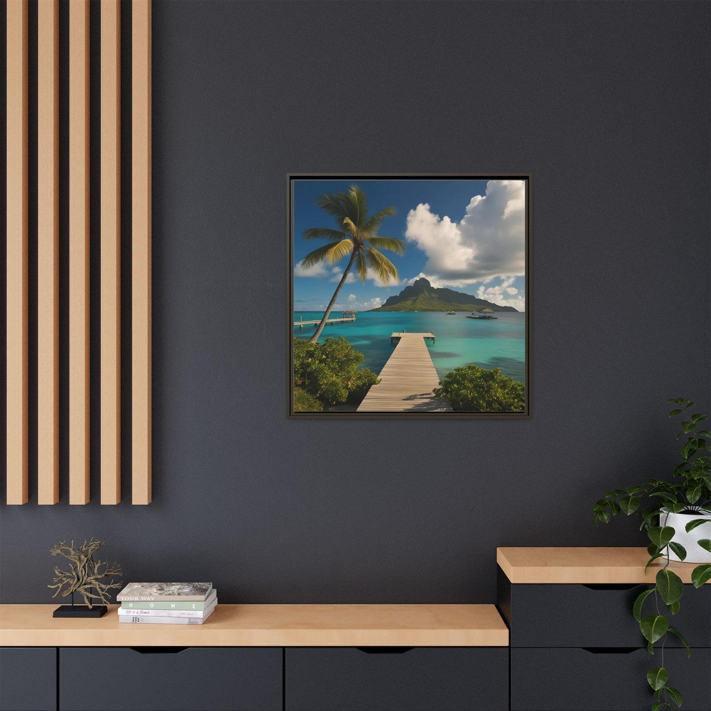 Tropical Island Calm Sunny Day Framed Canvas Wall Art Volcano Beach Vacation Oceanic Gift Nature Lover Peaceful Zen Gift 3 frame colors