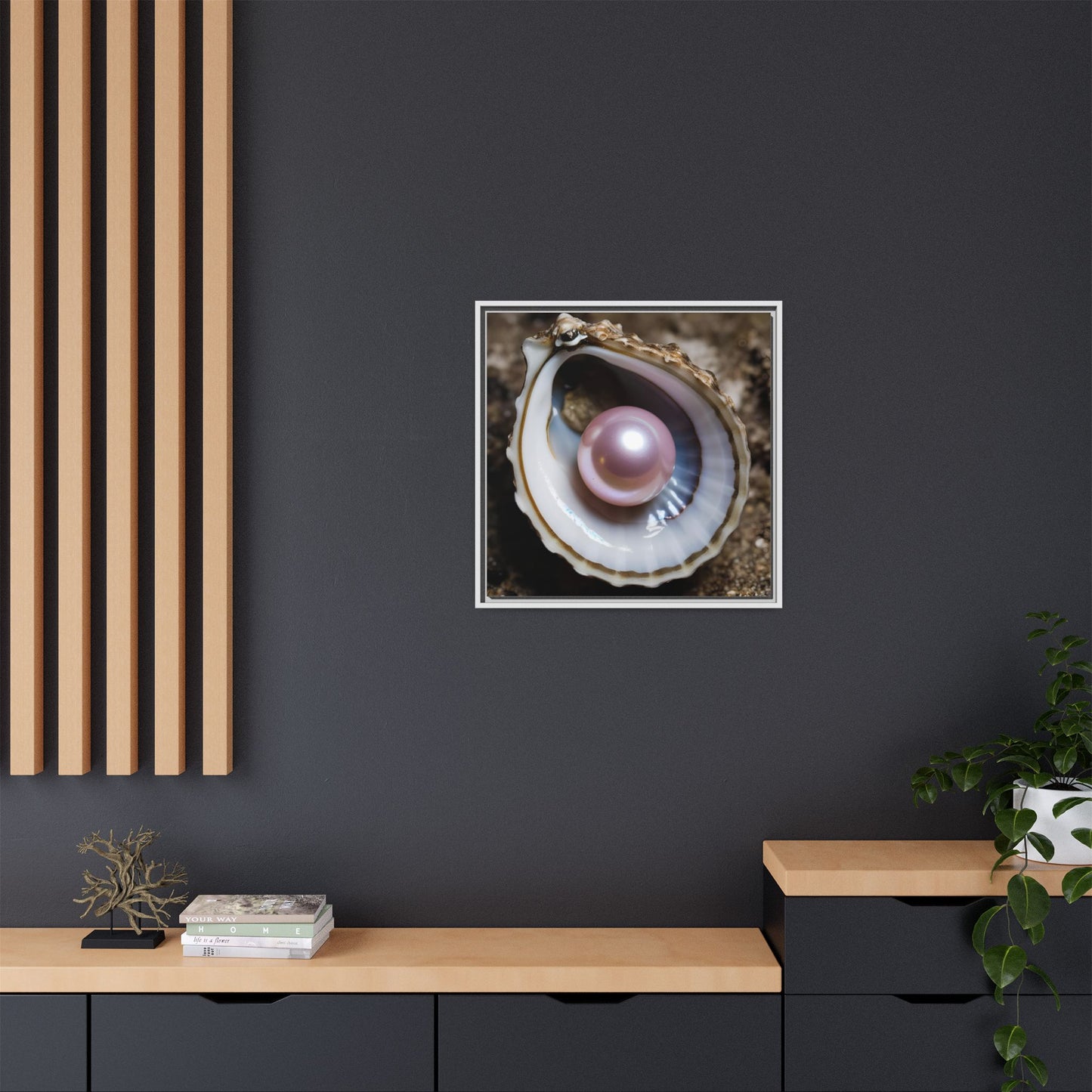 Pink Pearl in Oyster Shell Framed Canvas Wall Art Beach Lover Vacation Oceanic Gift Nature Lover Peaceful Zen Gift 3 frame colors