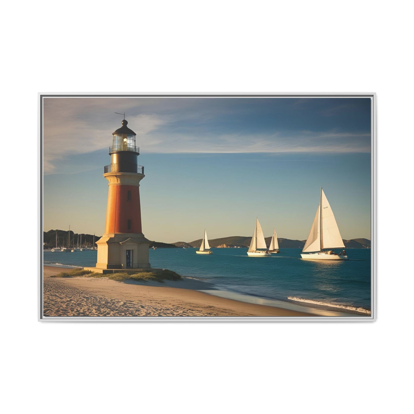 Lighthouse on the Beach Unique Framed Canvas Print Wall Art Nature Lover Gift Beachy Sailboats in the Ocean Vacation Decor 3 frame colors