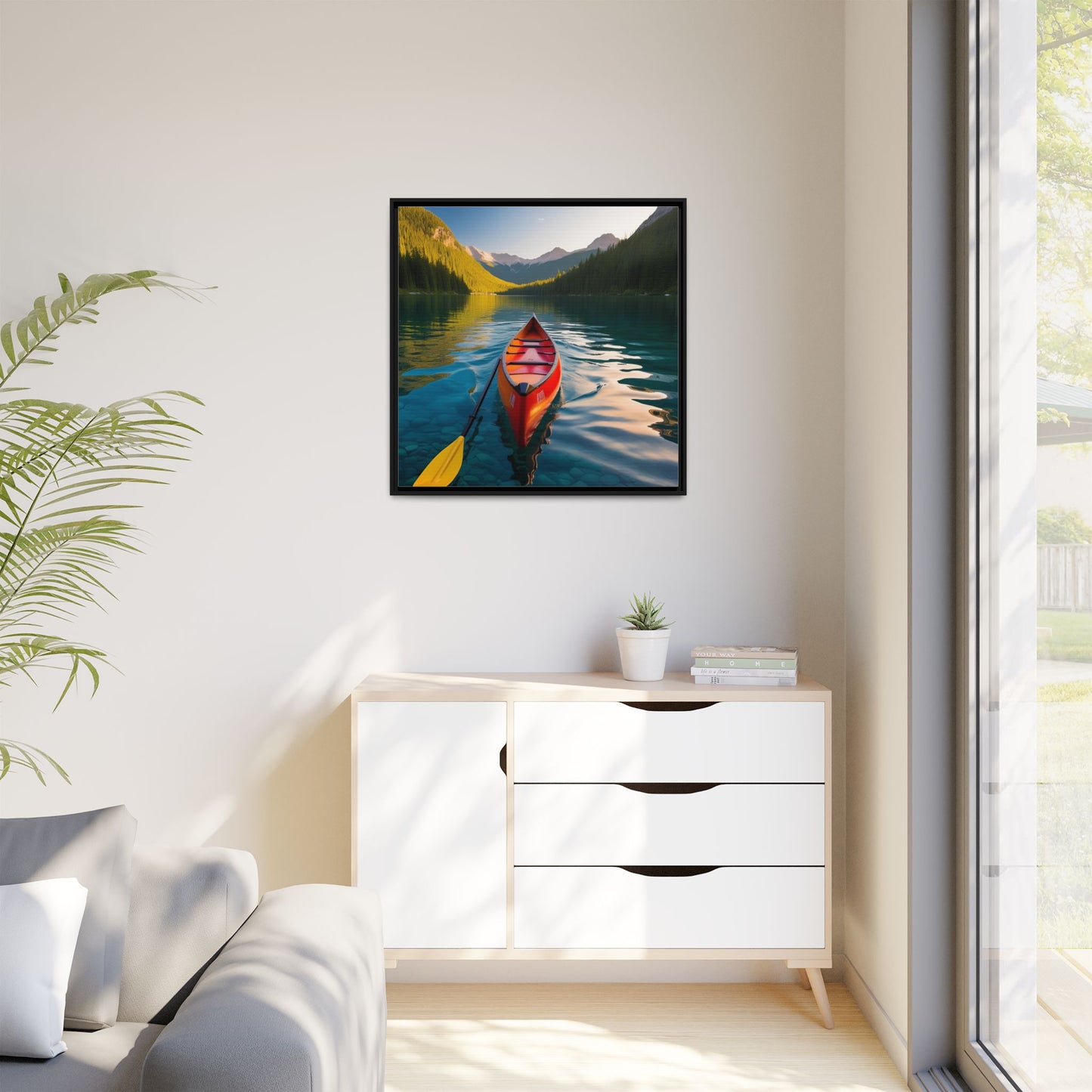 Canoe in the River Framed Canvas Wall Art Mountain Lover Outdoorsman Vacation Kayak Gift Nature Lover Peaceful Zen Gift 3 frame colors