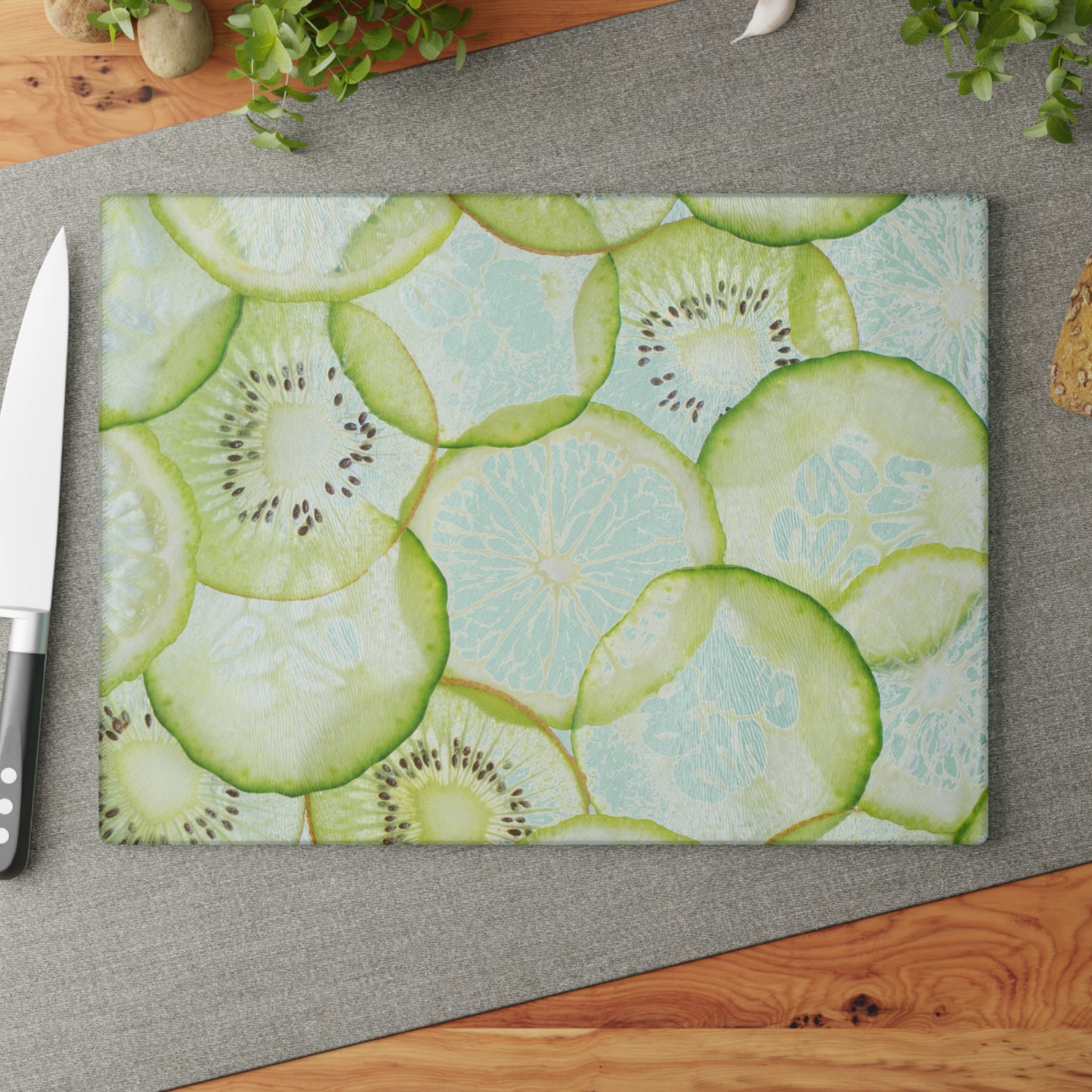 Kitchen Decor Glass Cutting Board Serving Tray with Cucumber, Kiwi and Lime Design Cutting Board Gift for Home Cook Fun Charcuterie Board