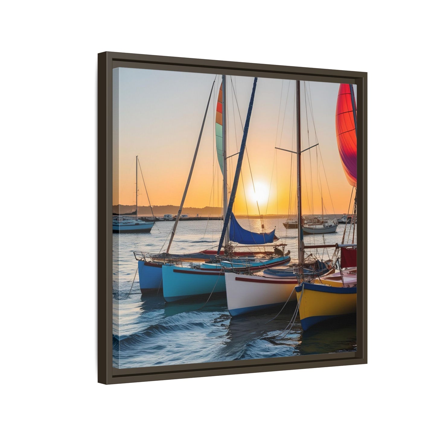 Sailboats at Sunset in Harbor Framed Canvas Wall Art Beach Lover Vacation Oceanic Gift Nature Lover Peaceful Zen Sunrise Art 3 frame colors