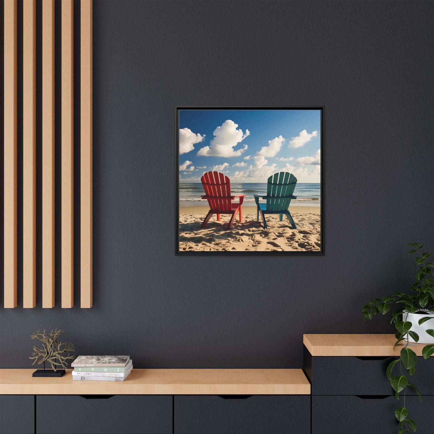 Chairs on the Beach Calm Sunny Day Framed Canvas Wall Art Beach Lover Vacation Oceanic Gift Nature Lover Peaceful Zen Gift 3 frame colors