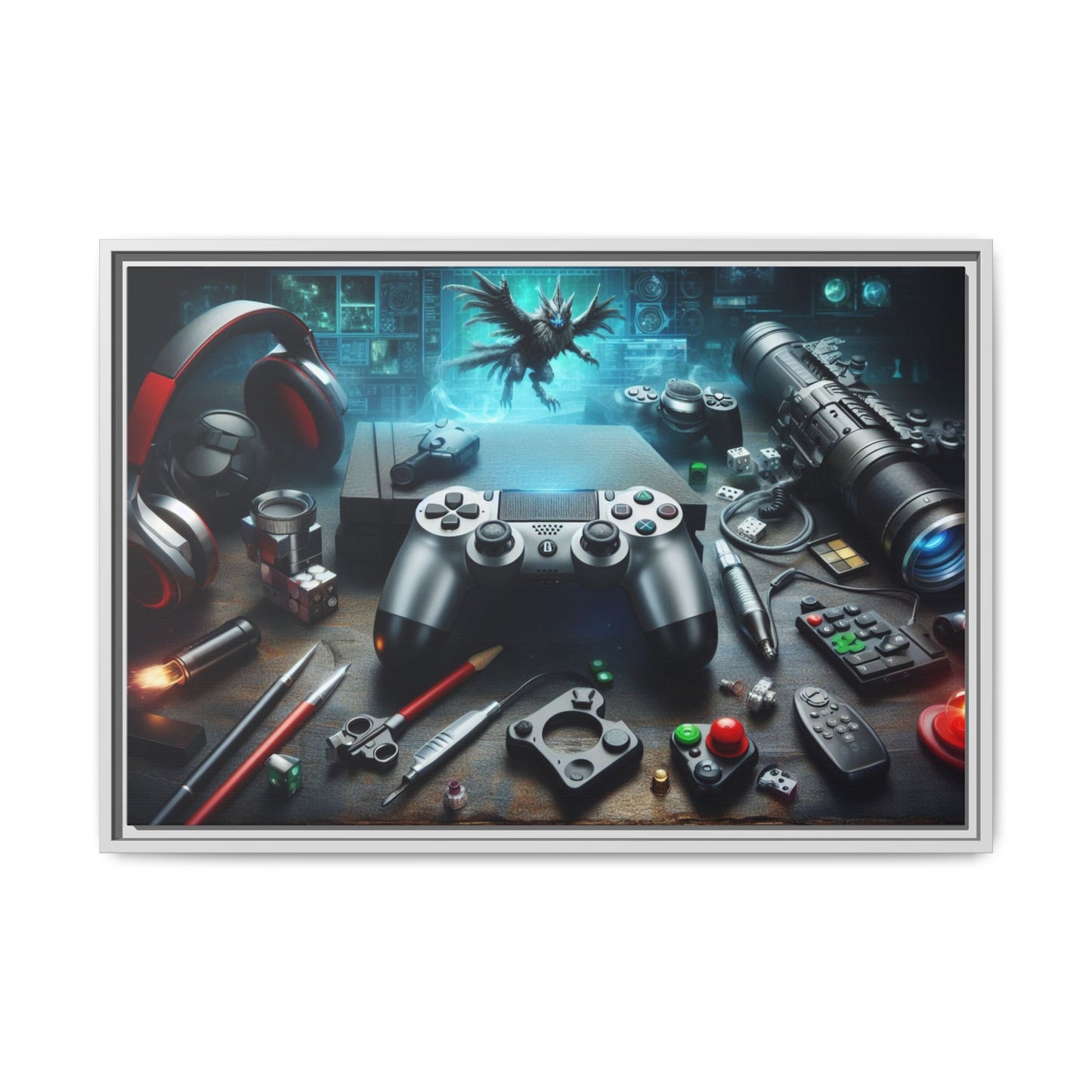 Gamer Themed Unique Framed AI Canvas Print Wall Art Video Game Lover Futuristic Digital Style Gift Cyber Geek Matrix Decor 3 frame colors