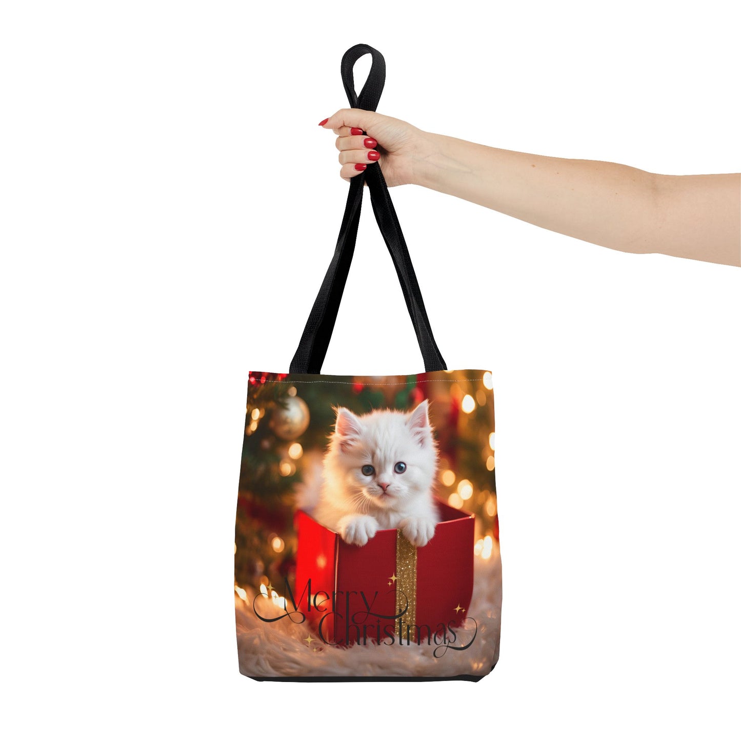 Christmas Kitten Tote Bag Holiday Cheer Gift Glam Winter Accessory Reusable Snowy Winter Town Shopping Bag Xmas Joy Unisex Bag for Him Her
