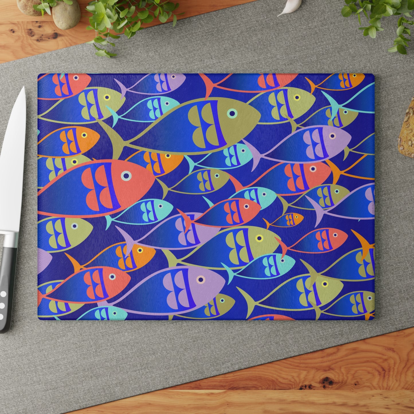 Kitchen Decor Glass Cutting Board Serving Tray with Fish Design Cutting Board Gift for Home Cook Fun Charcuterie Board
