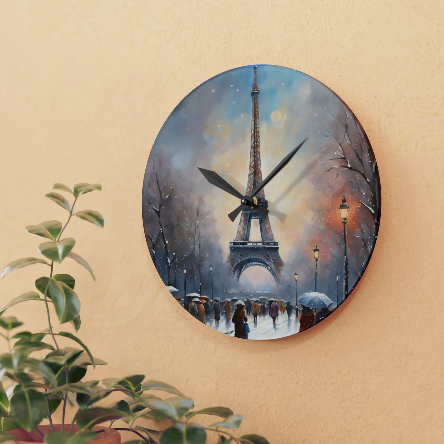 Eiffel Tower in Winter Acrylic Office Clock Unique Colorful Wall Clock Gift for International Traveller Paris Lover Gift