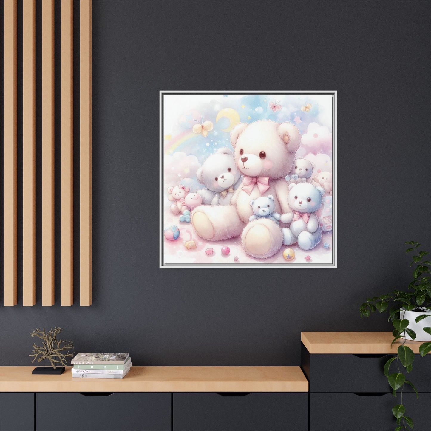 Whimsical Nursery Decor Pastel Floral Teddy Bear Design Wall Art Unique Sweet Baby Room Framed Canvas Print Unisex Baby Shower Gift