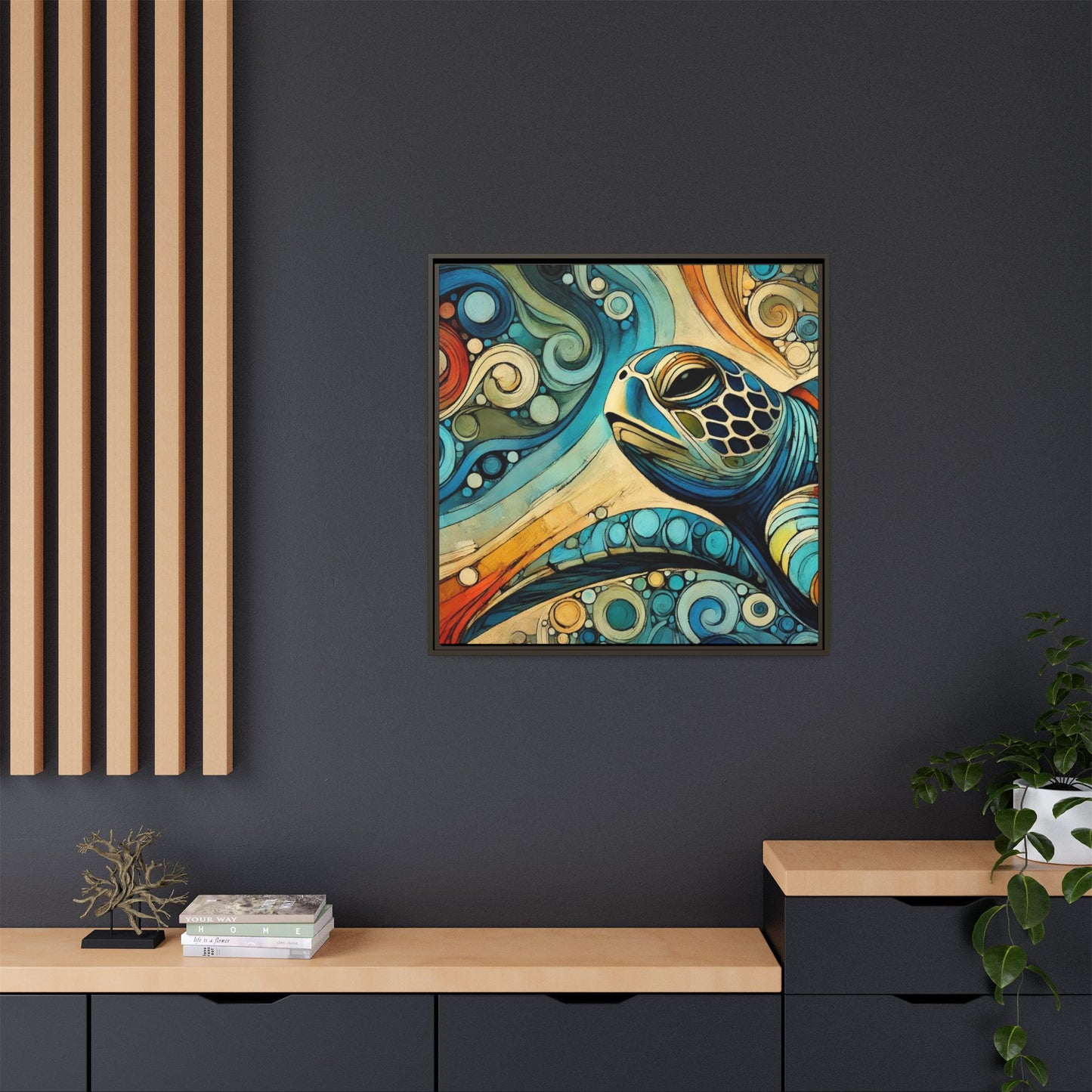 Modern Sea Turtle Print Abstract Design Unique Framed Canvas Print Oceanic Wall Art Animal Lover Gift Nature Lover Decor 3 frame colors
