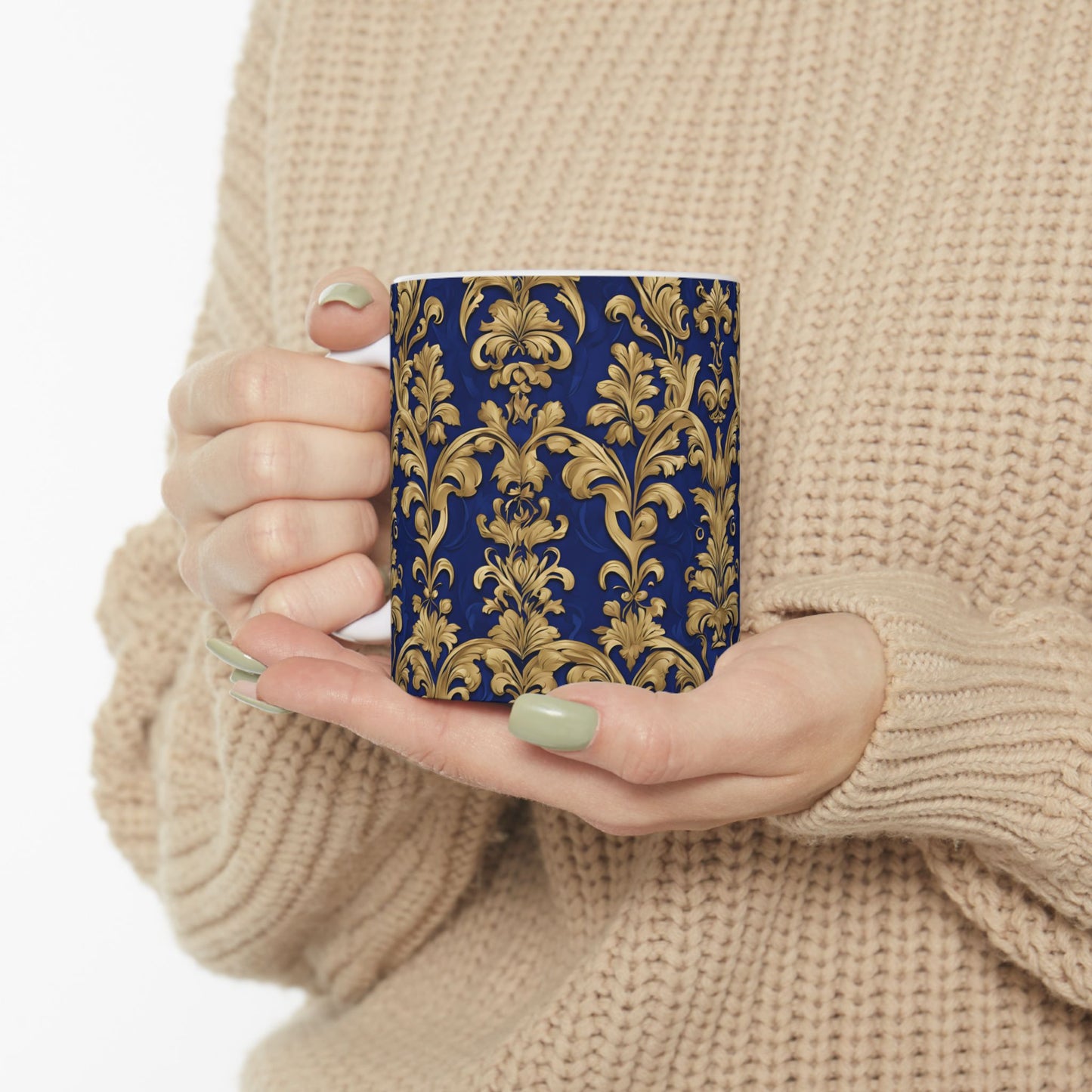 Beautiful Royal Blue and Gold Damask Vintage Tapestry Design Pattern Ceramic Mug, (11oz)