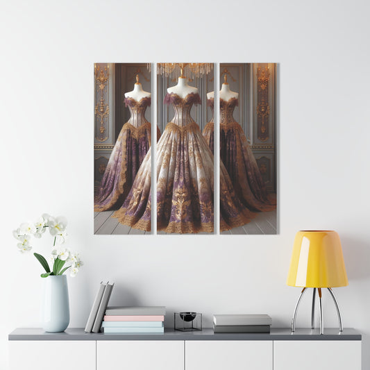 Fashion Formal Runway Damask Dress Design Triptych 3-Panel Acrylic Print Wall Art Unique Haute Couture Fashionista Vintage Style Decor
