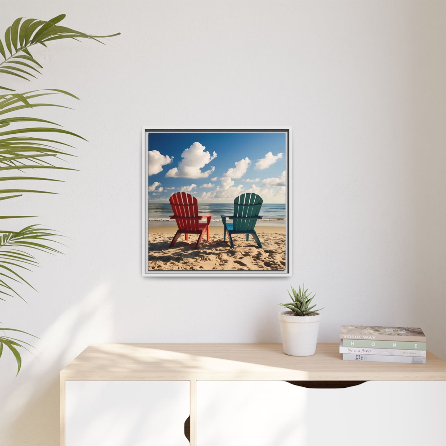 Chairs on the Beach Calm Sunny Day Framed Canvas Wall Art Beach Lover Vacation Oceanic Gift Nature Lover Peaceful Zen Gift 3 frame colors