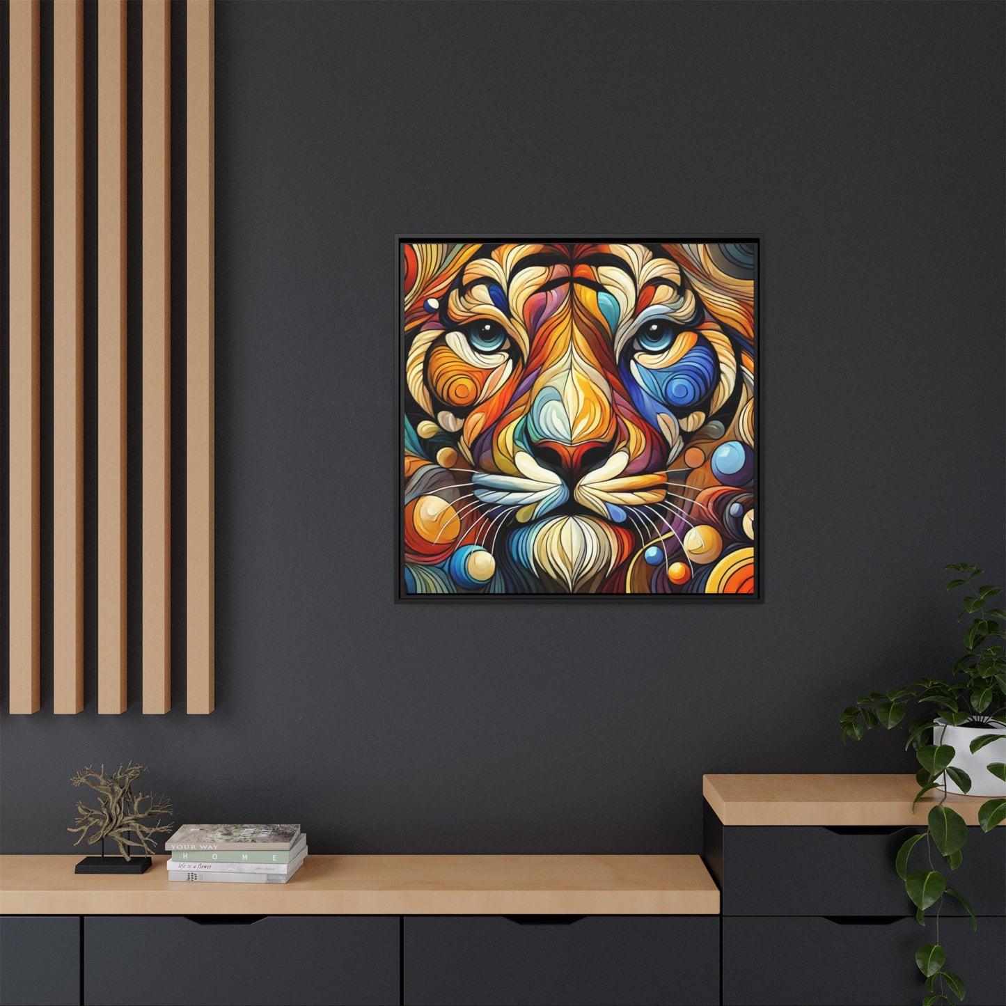 Modern Lion Face Print Abstract Design Unique Framed Canvas Print King of Jungle Wall Art Animal Lover Nature Lover Decor 3 frame colors