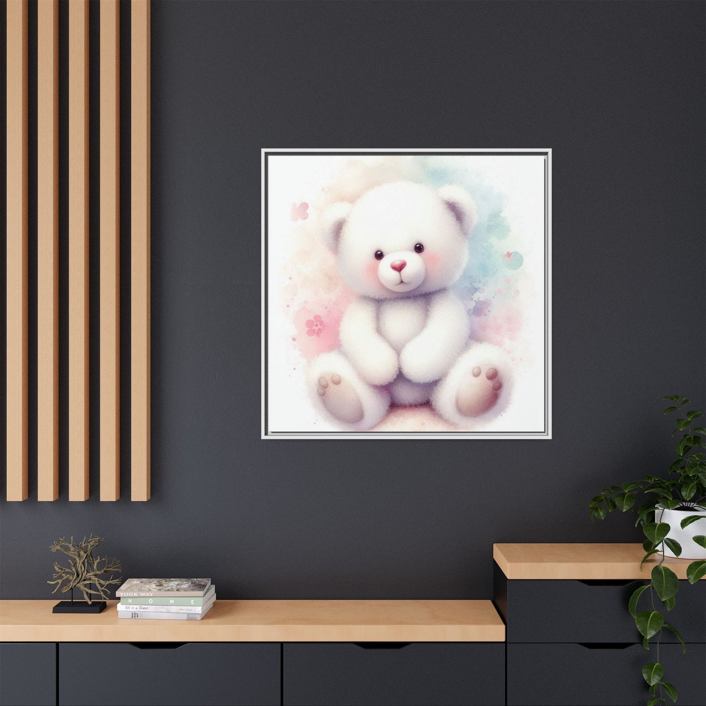 Whimsical Nursery Decor Pastel Floral Teddy Bear Design Wall Art Unique Sweet Baby Room Framed Canvas Print Unisex Baby Shower Gift