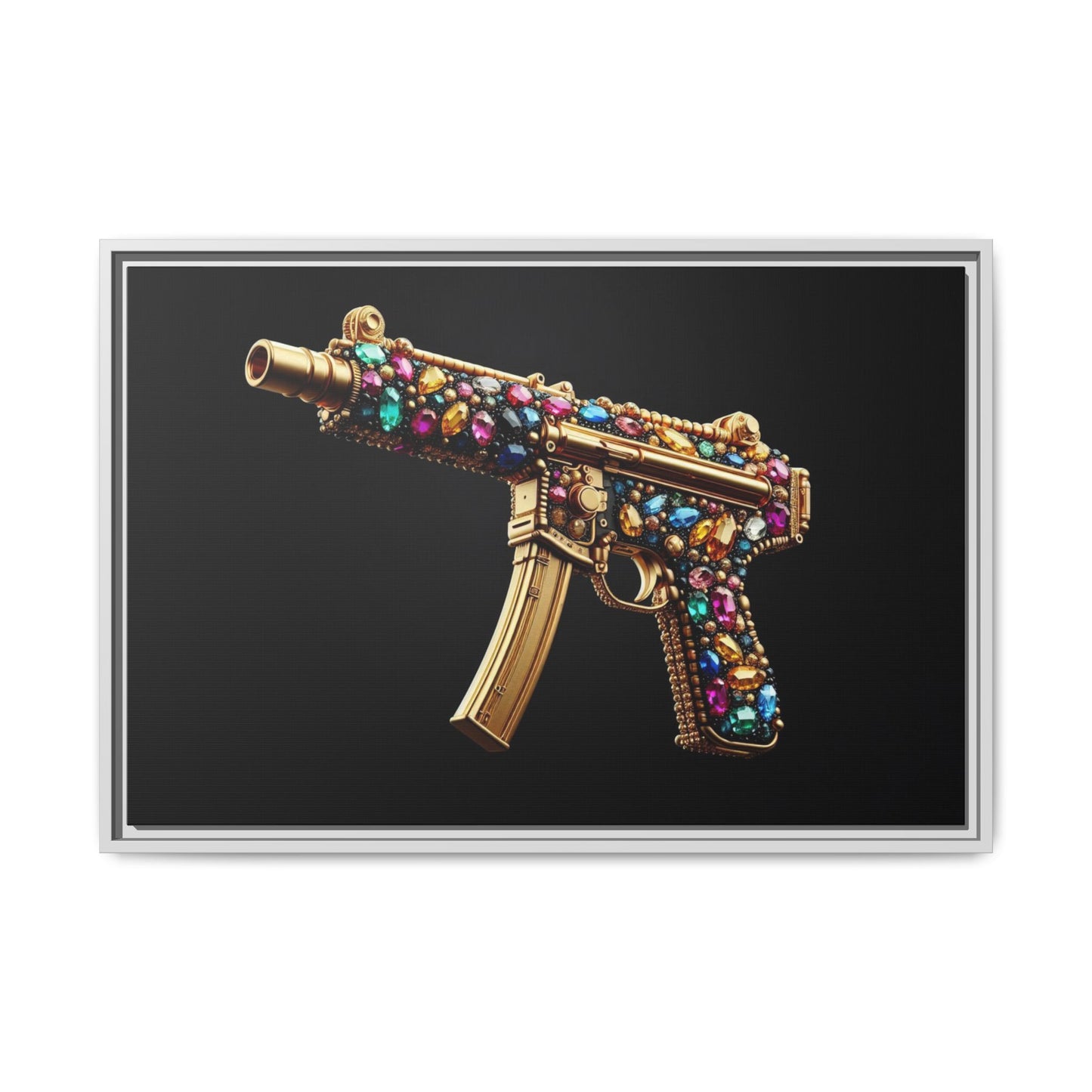 Bejeweled Machine Gun Print AI Design Unique Framed Canvas Print Wall Art Gun Lover Gift Edgy Glam Fantasy Weapon Decor 3 frame colors