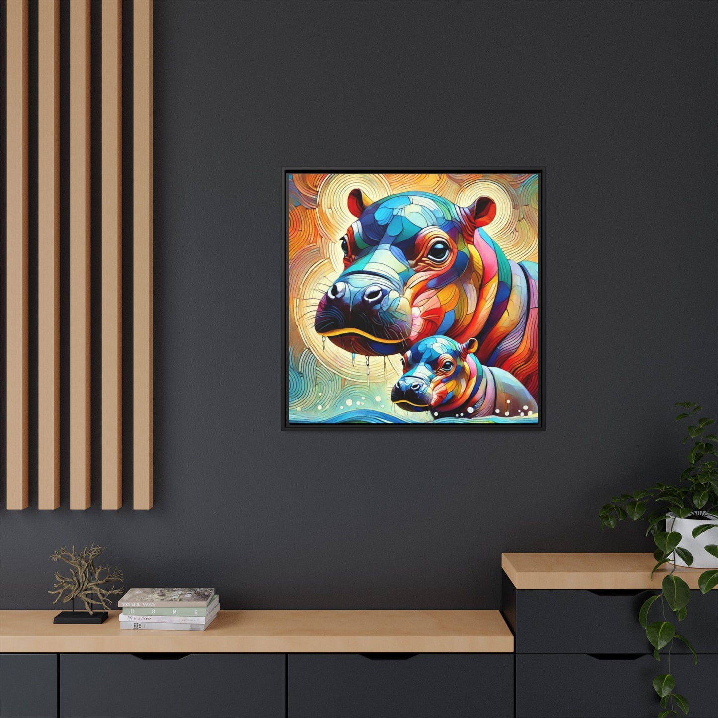 Modern Hippo Print Abstract Design Unique Framed Canvas Print Baby Hippo Wall Art Animal Lover Gift Nature Lover Decor 3 frame colors