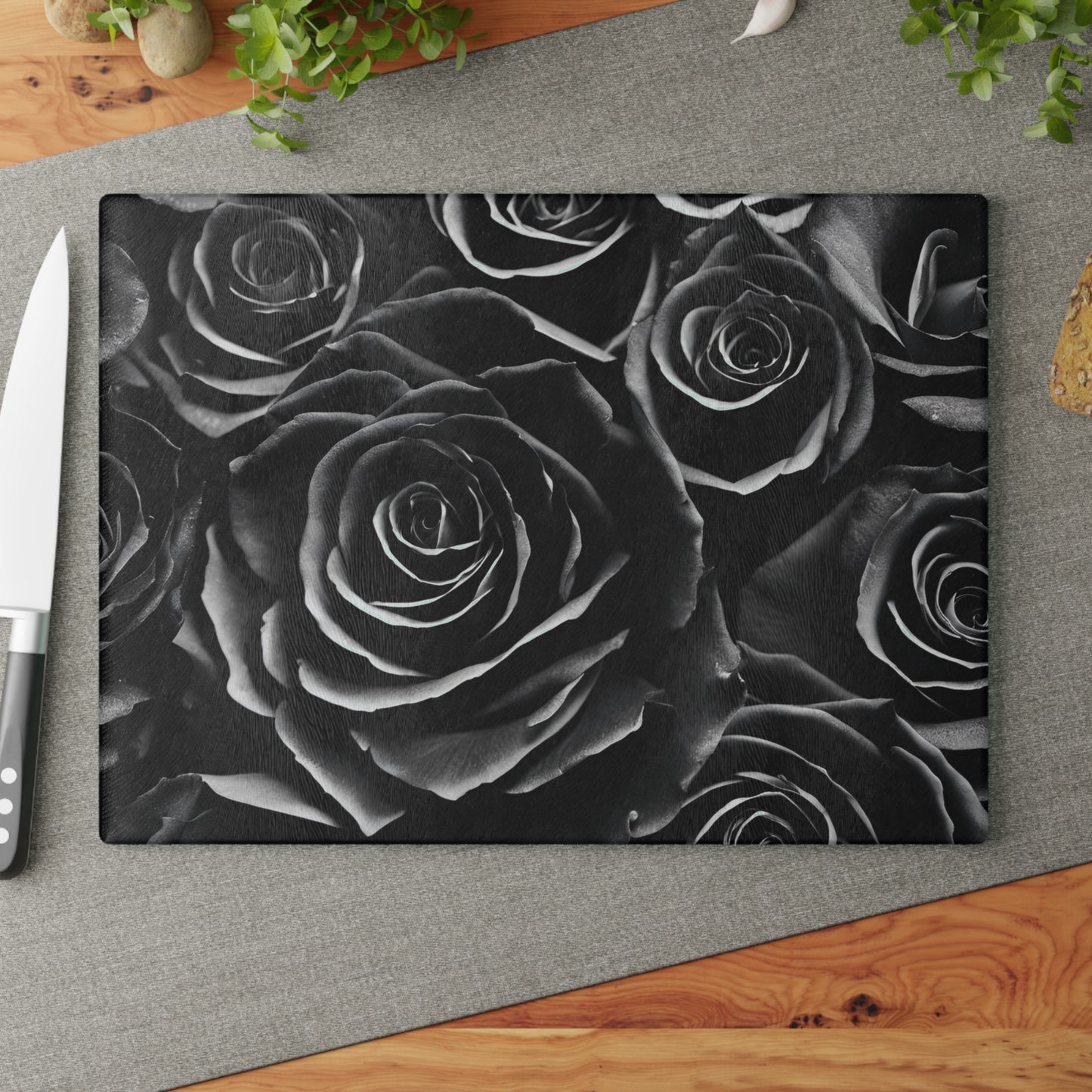 Kitchen Decor Glass Cutting Board Serving Tray with Black Rose Design Floral Pattern Cutting Board Gift for Home Cook Charcuterie Board