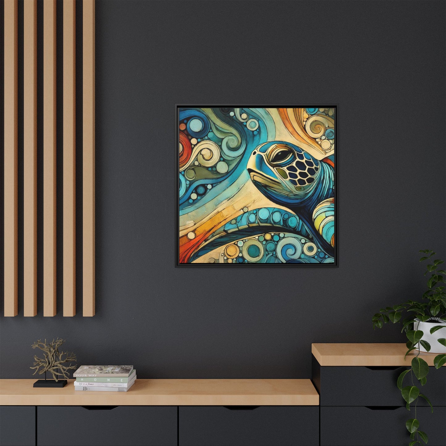 Modern Sea Turtle Print Abstract Design Unique Framed Canvas Print Oceanic Wall Art Animal Lover Gift Nature Lover Decor 3 frame colors