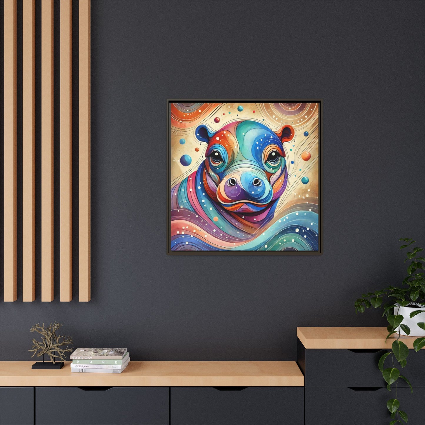 Modern Hippo Print Abstract Design Unique Framed Canvas Print Baby Hippo Wall Art Animal Lover Gift Nature Lover Decor 3 frame colors