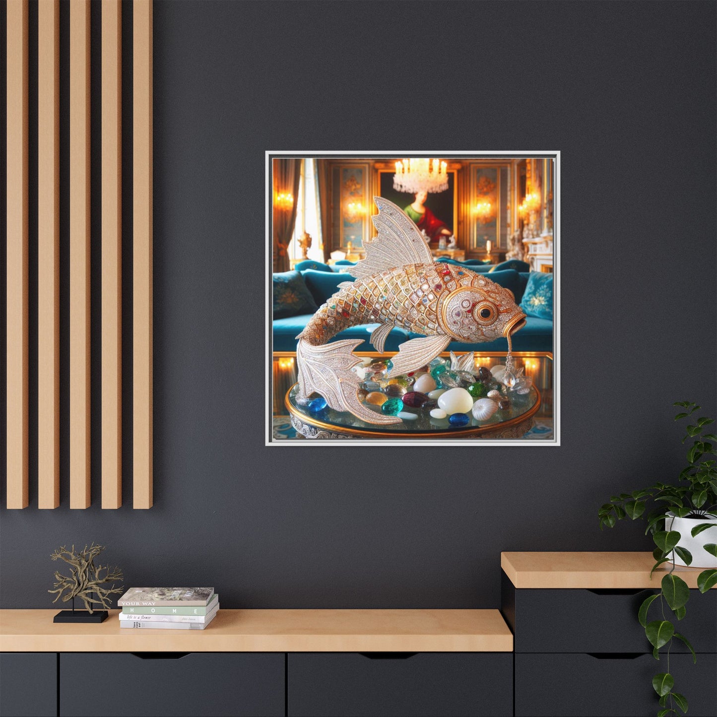 Bejeweled Koi Fish Framed Canvas Print Wall Art Unique Fashion Designer Haute Couture Fashionista Animal Lover Gift Decor 3 Frame Colors