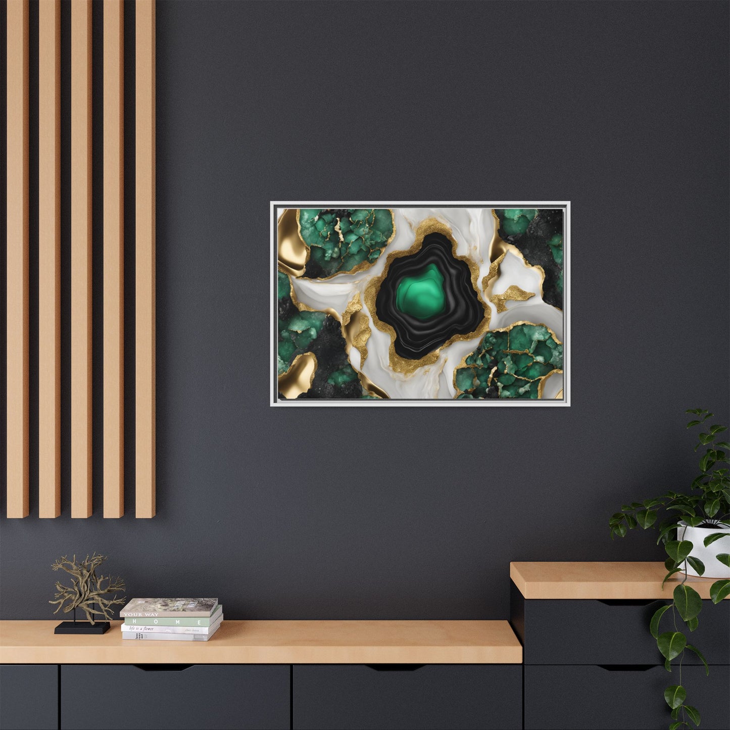 Emerald Green and Gold Quartz Crystal Design Print Matte Canvas Wall Art Nature Lover Gift Geology Rock Lover Gift 3 frame color choices