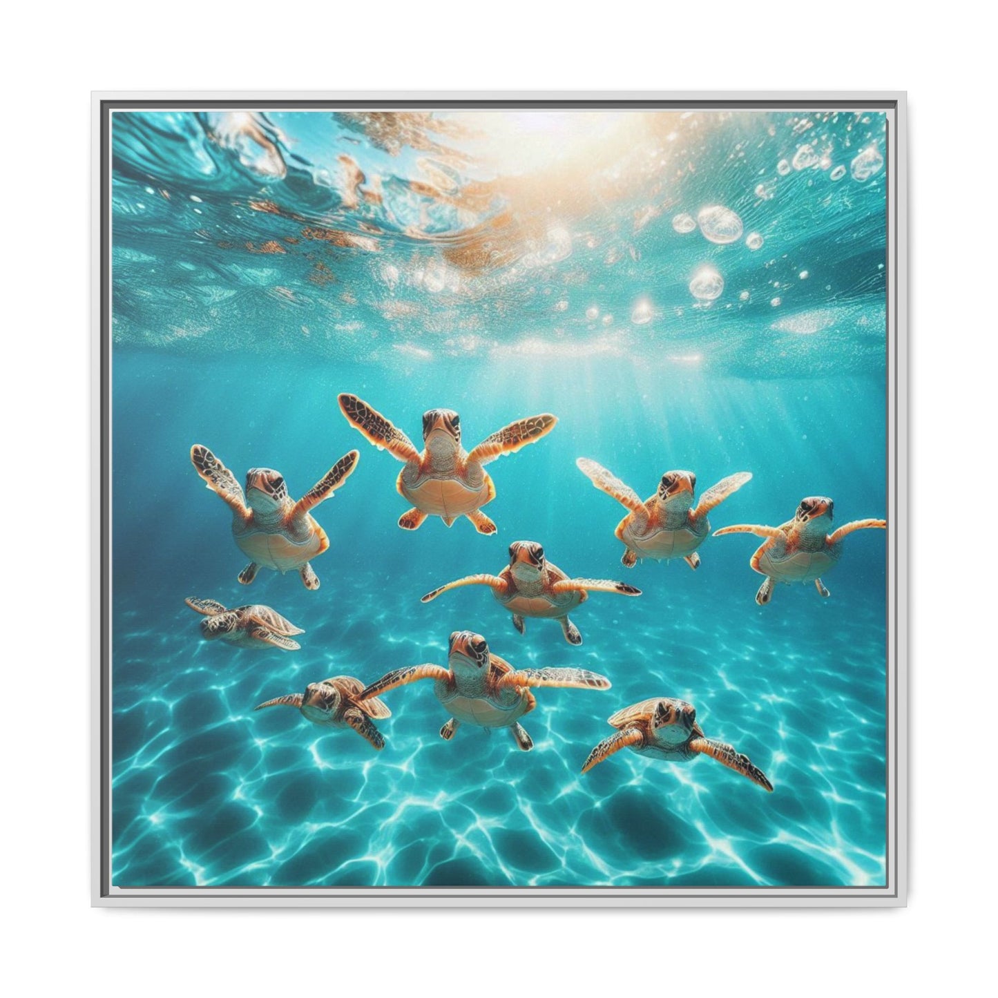 Baby Sea Turtles Out for a Swim Framed Canvas Wall Art Beach Lover Vacation Oceanic Gift Nature Lover Peaceful Zen Gift 3 frame colors