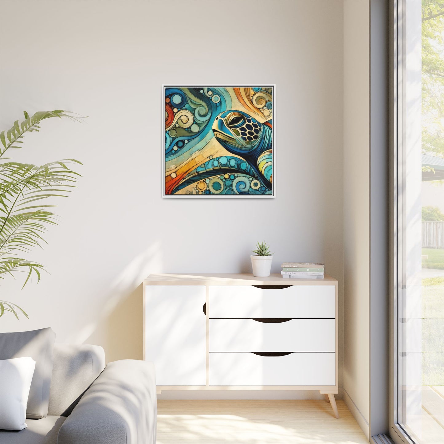 Modern Sea Turtle Print Abstract Design Unique Framed Canvas Print Oceanic Wall Art Animal Lover Gift Nature Lover Decor 3 frame colors