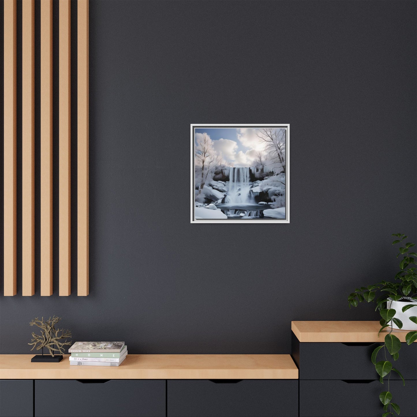 Modern Snowy Waterfall Design Unique Framed Canvas Wall Art Winter Scene Nature Lover Gift Mountain Landscape Decor Gift 3 frame colors