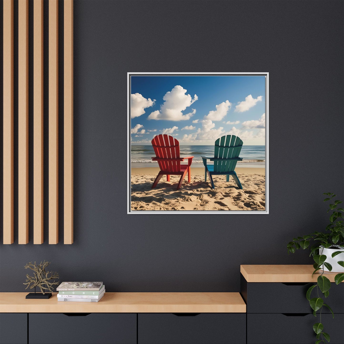 Chairs on the Beach Calm Sunny Day Framed Canvas Wall Art Beach Lover Vacation Oceanic Gift Nature Lover Peaceful Zen Gift 3 frame colors