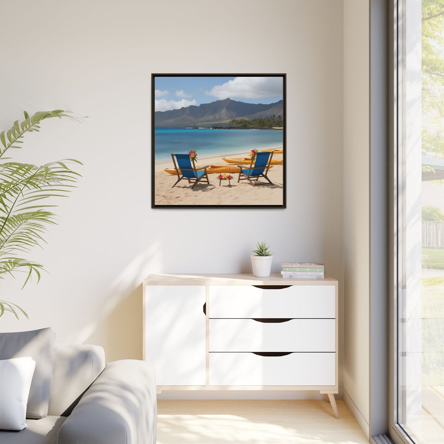 Chairs on the Beach Calm Sunny Day Framed Canvas Wall Art Beach Lover Vacation Oceanic Gift Nature Lover Peaceful Zen Gift 3 frame colors