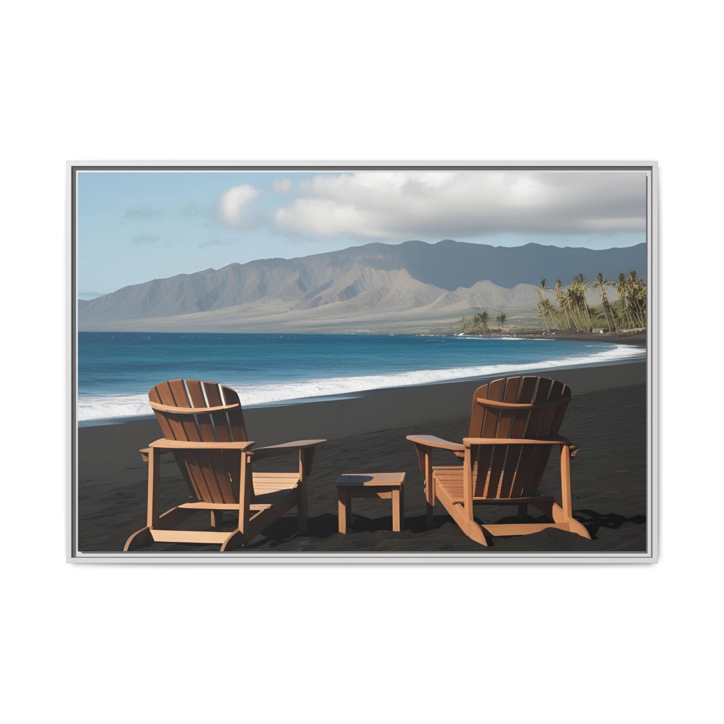 Chairs on the Maui Black Sand Beach Print Unique Framed Canvas Print Wall Art Gift Beachy Nature Lover Ocean Waves Decor 3 frame colors