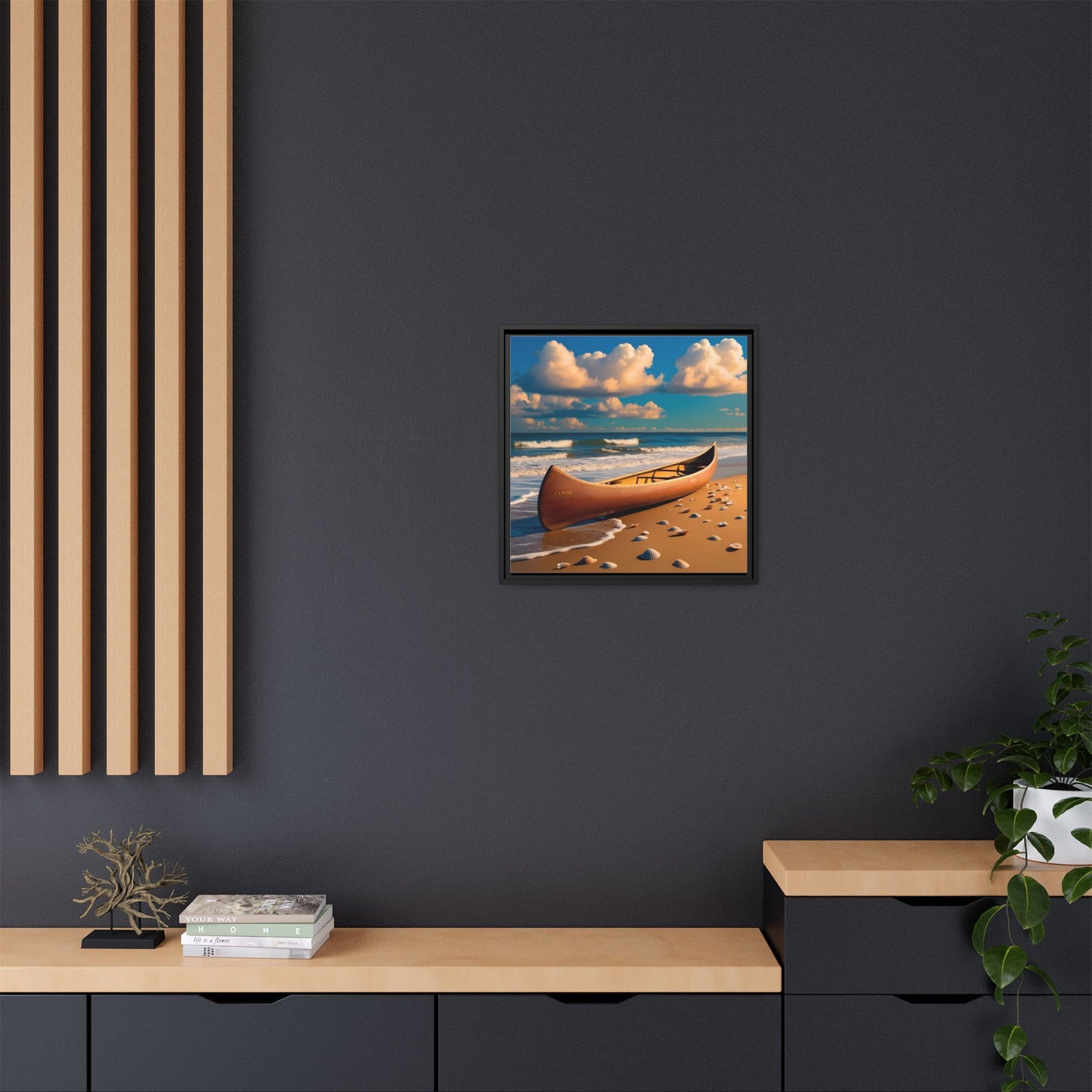 Canoe on the Beach Calm Sunny Day Framed Canvas Wall Art Beach Lover Vacation Oceanic Gift Nature Lover Peaceful Zen Gift 3 frame colors