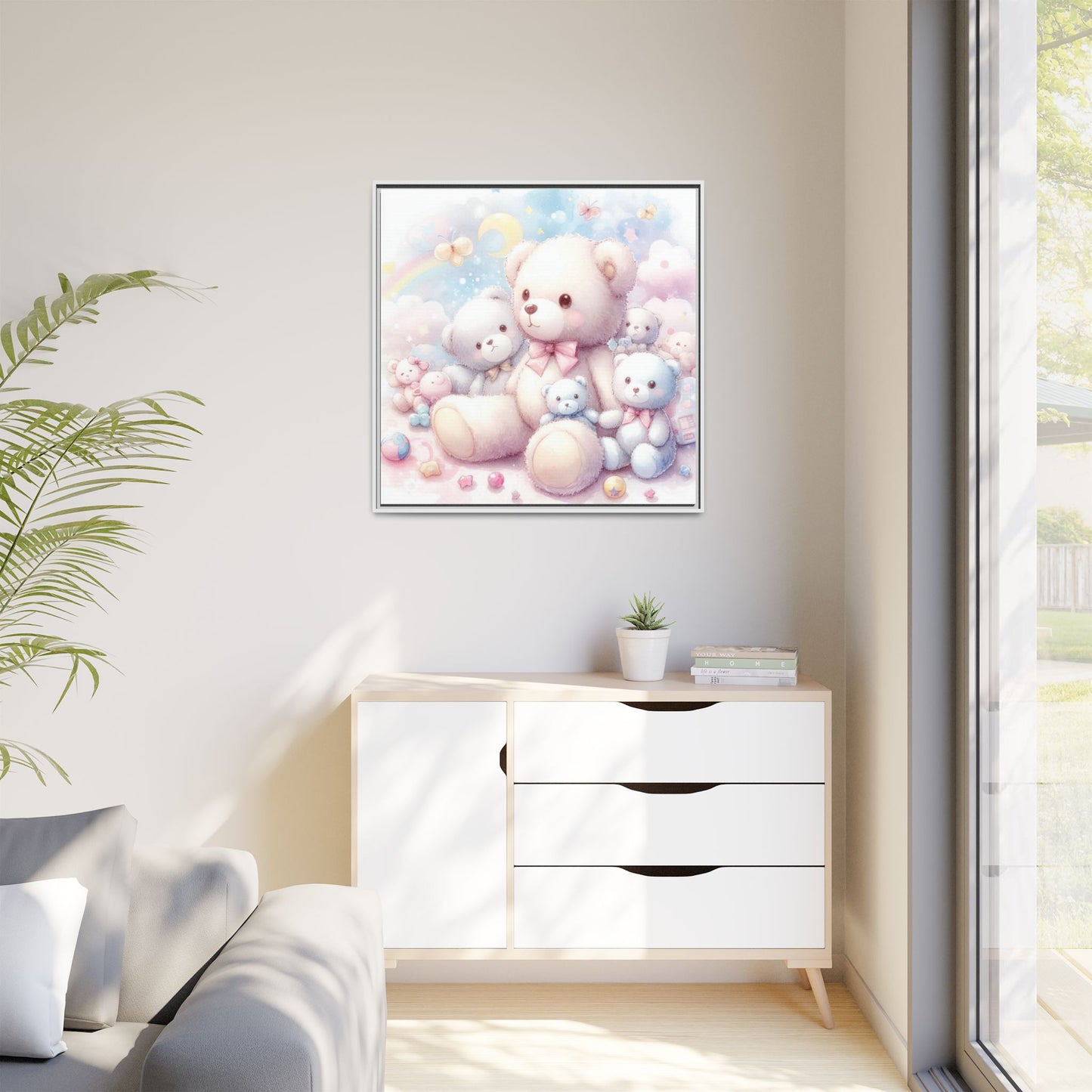 Whimsical Nursery Decor Pastel Floral Teddy Bear Design Wall Art Unique Sweet Baby Room Framed Canvas Print Unisex Baby Shower Gift