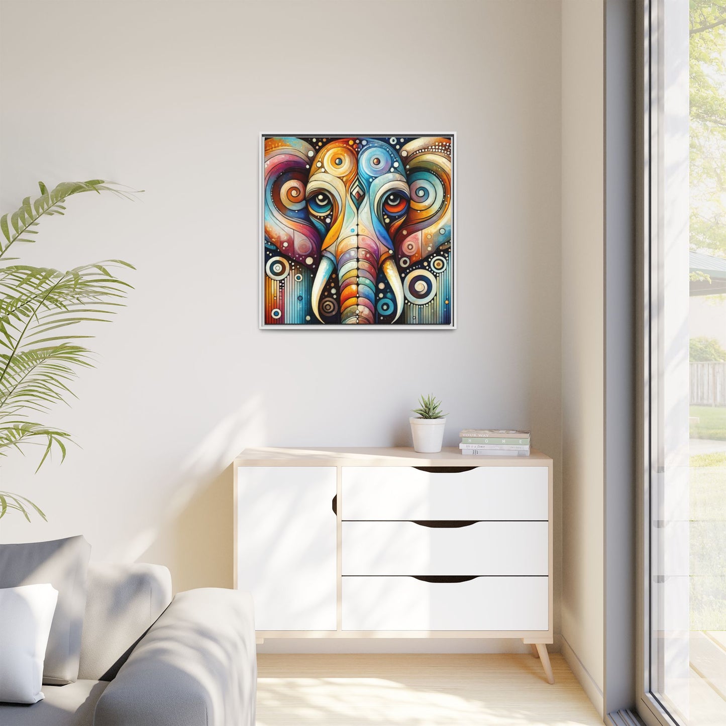 Modern Elephant Face Print Abstract Design Unique Framed Canvas Print African Wall Art Animal Lover Nature Lover Decor 3 frame colors